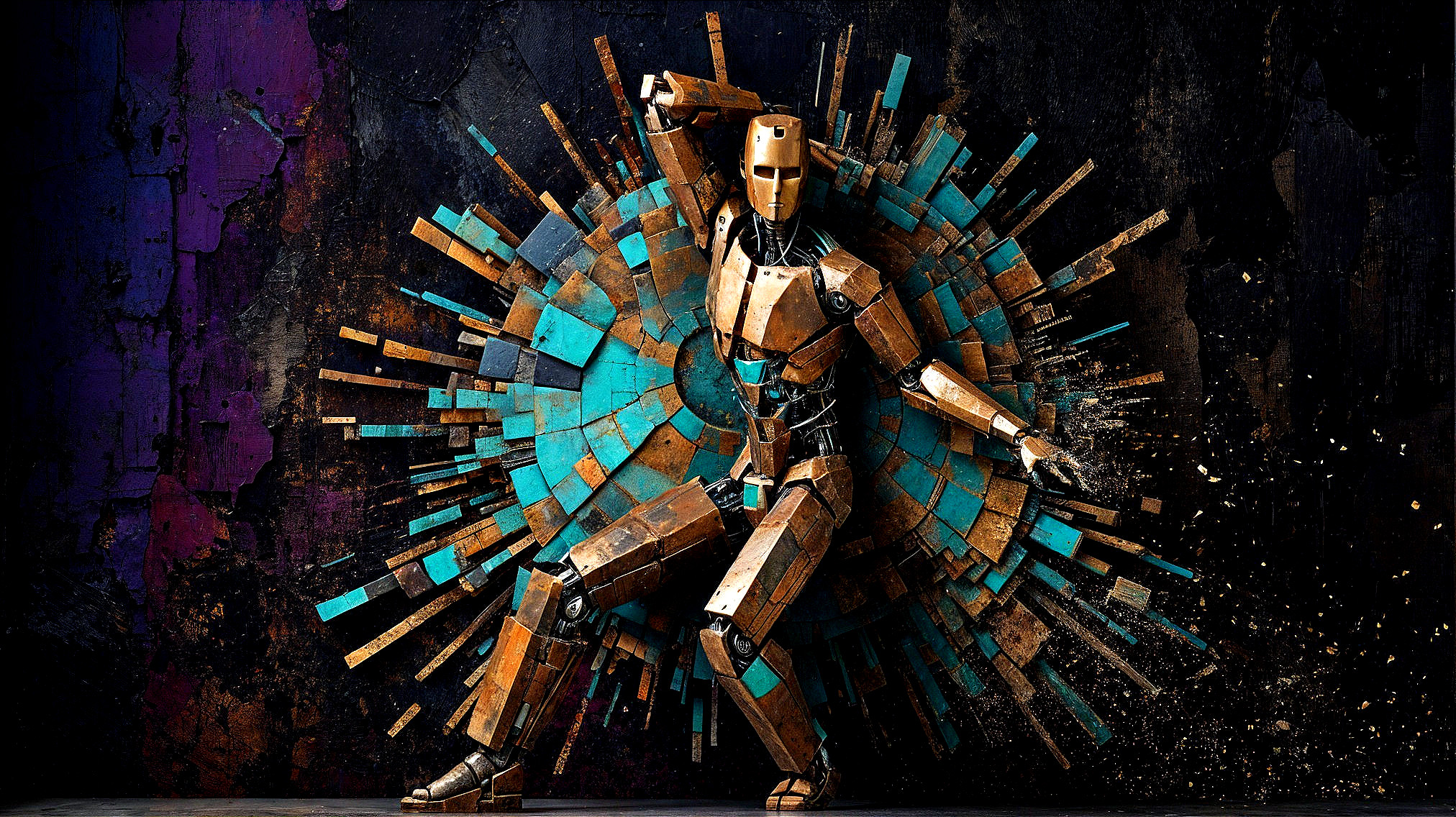 Robot Dancer Against Vibrant Geometric Background