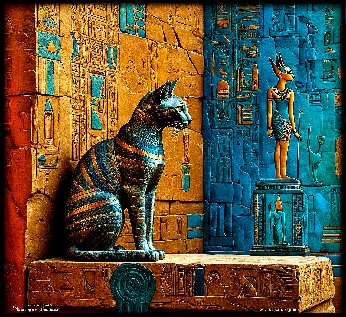 Ancient Egyptian Art Featuring Cat Statue and Goddess