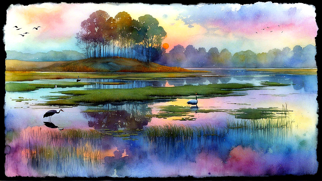 Serene Watercolor Landscape with Sunset and Wildlife