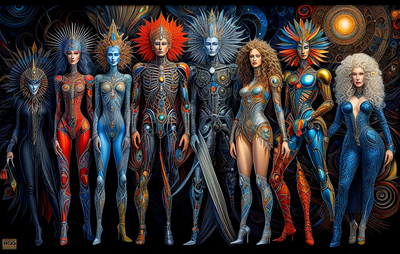 Futuristic Women in Vibrant Costumes Against Cosmic Scene