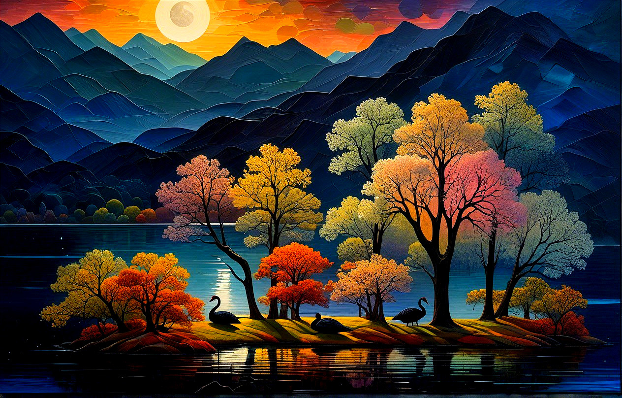 Vibrant Sunset Over Tranquil Lake and Colorful Trees