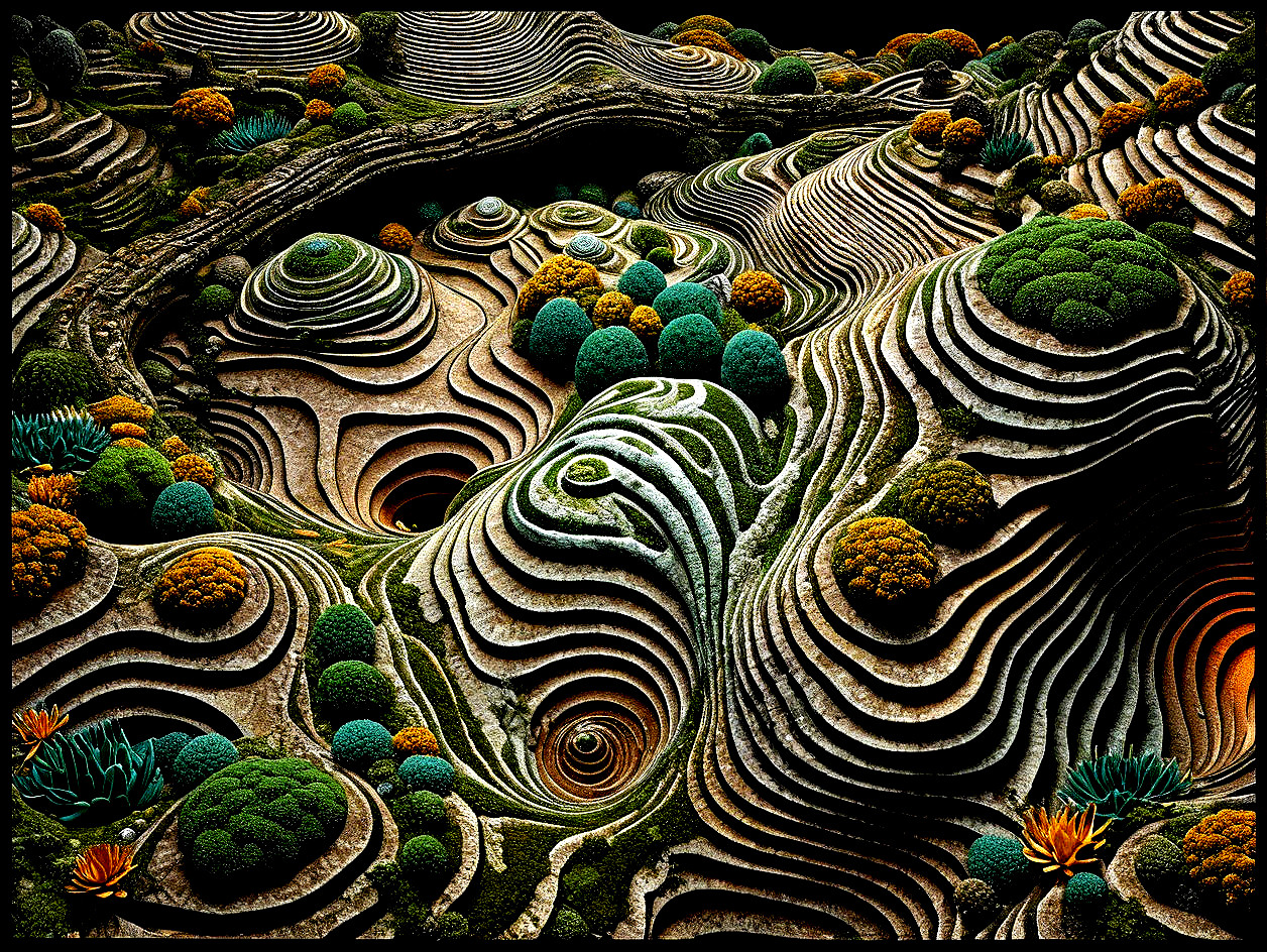 Surreal Landscape with Vibrant Hills and Flora