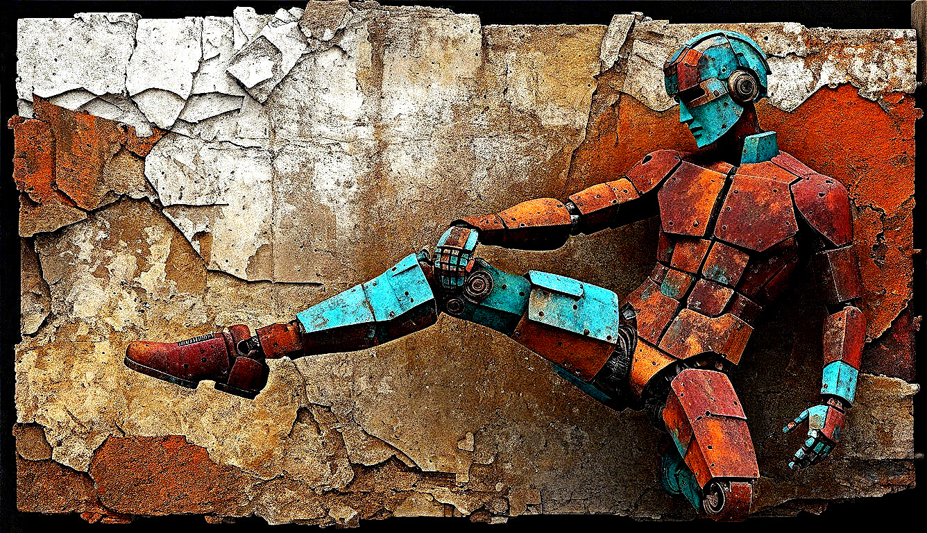 Humanoid Robot Sculpture in Rusted Metal Against Wall