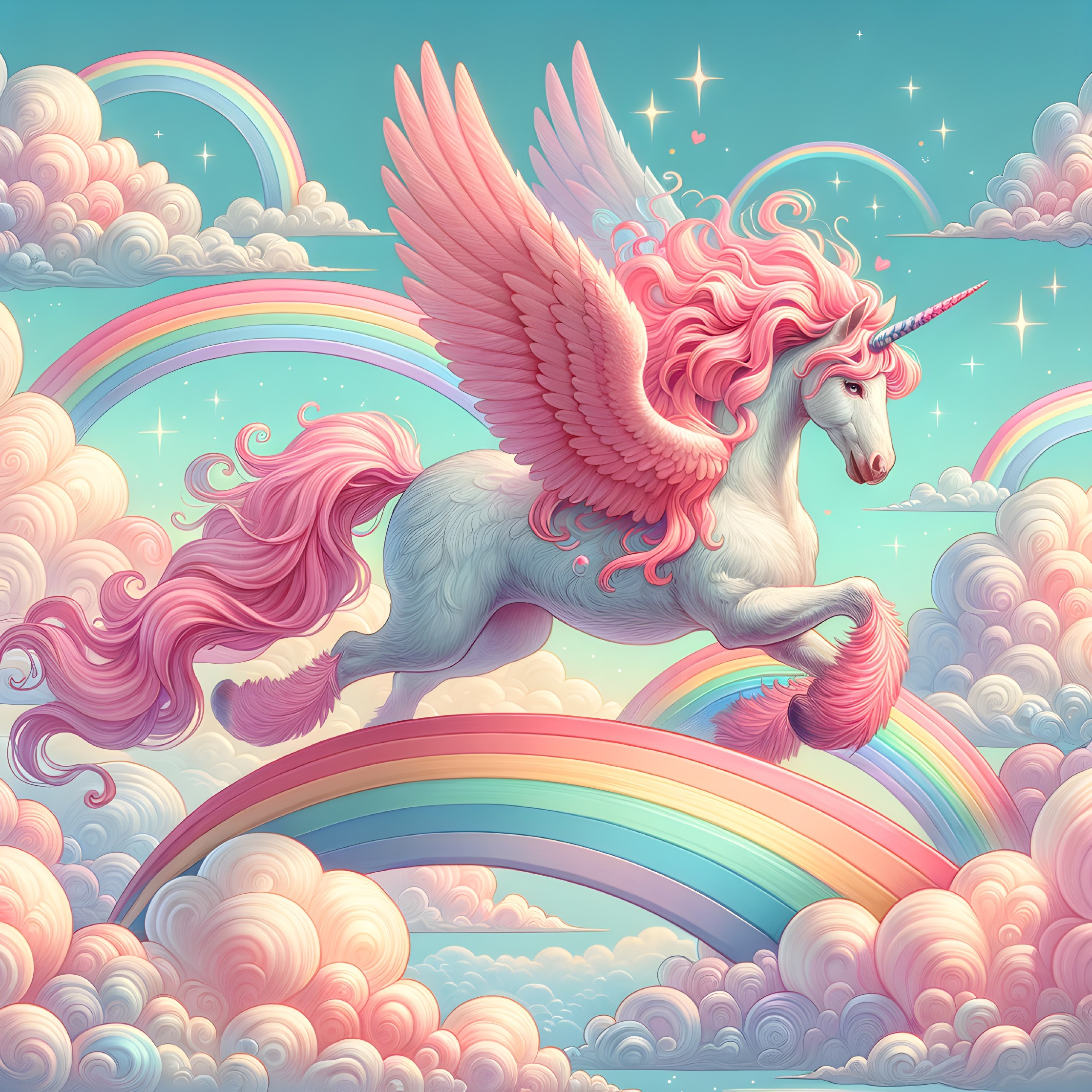 Majestic Unicorn with Pink Wings Over Rainbows
