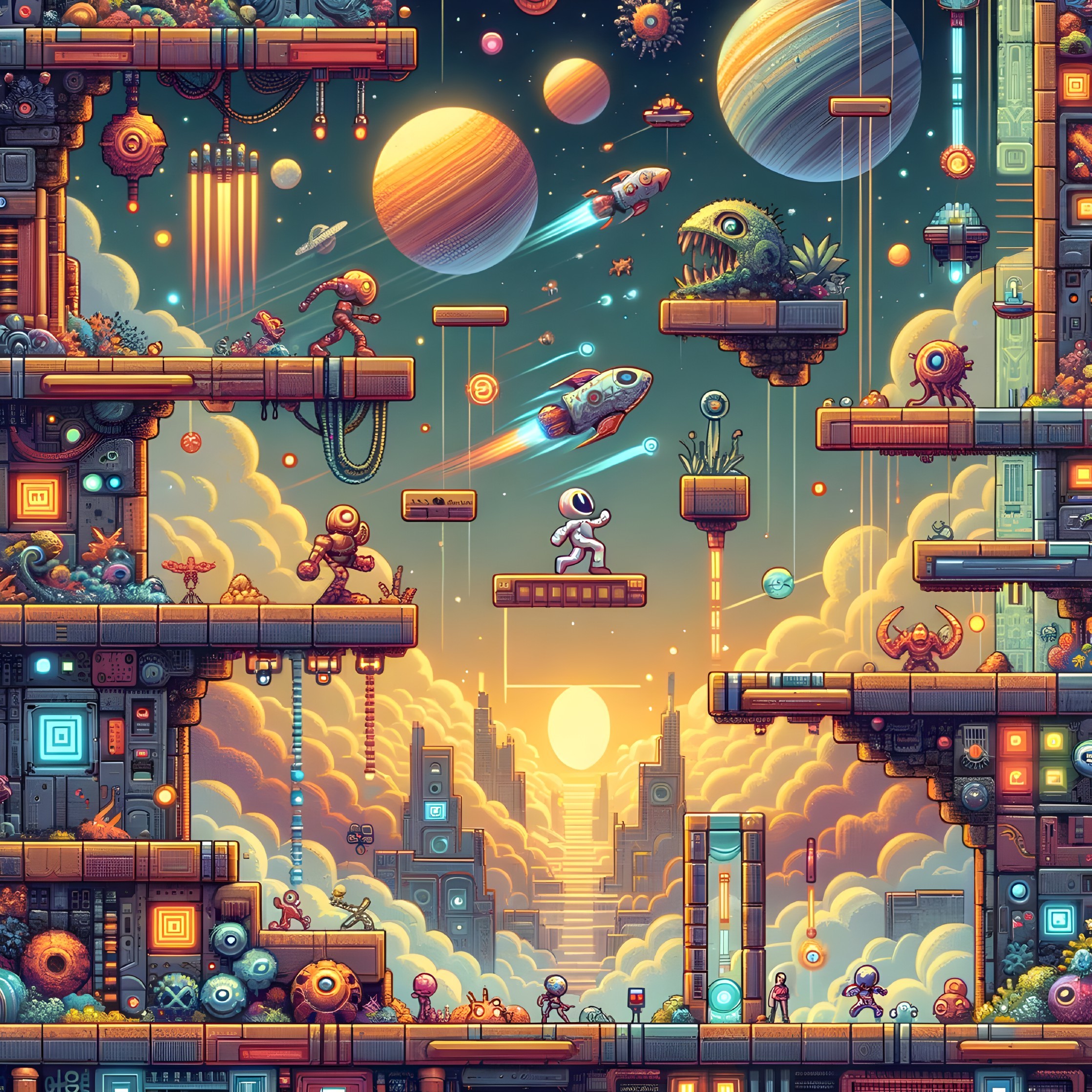 Vibrant Sci-Fi Landscape with Astronaut and Floating Platforms