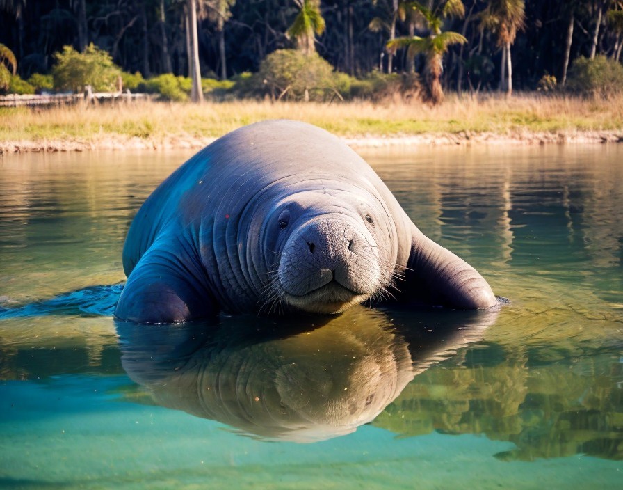 Manatee in Natural Habitat Under Sunlight and Greenery