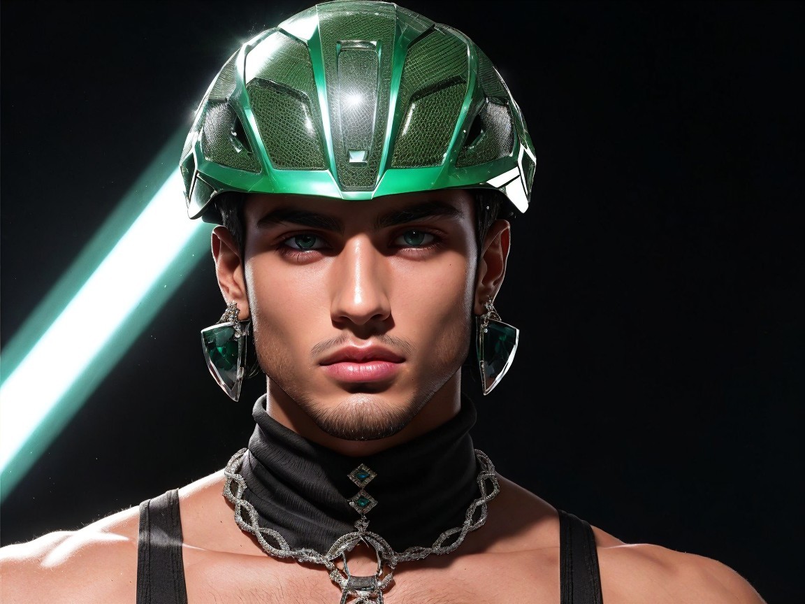 Futuristic Male Model with Green Helmet and Bold Jewelry