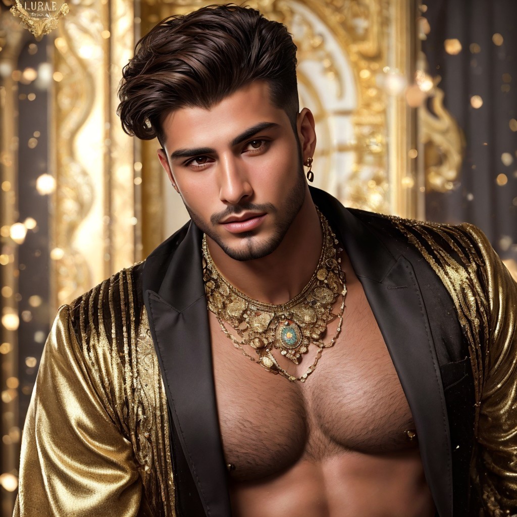 Male model in ornate setting with golden jacket and jewelry