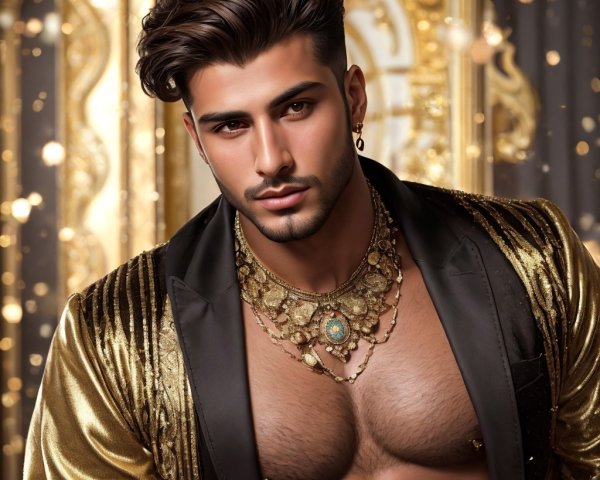 Male model in ornate setting with golden jacket and jewelry