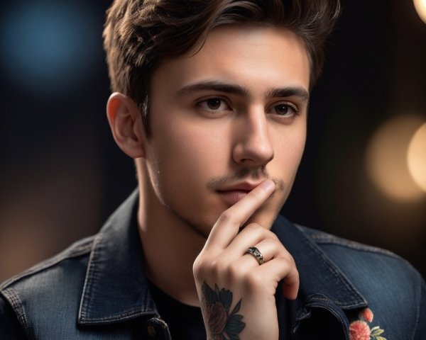 Young man with stylish hair and floral denim jacket