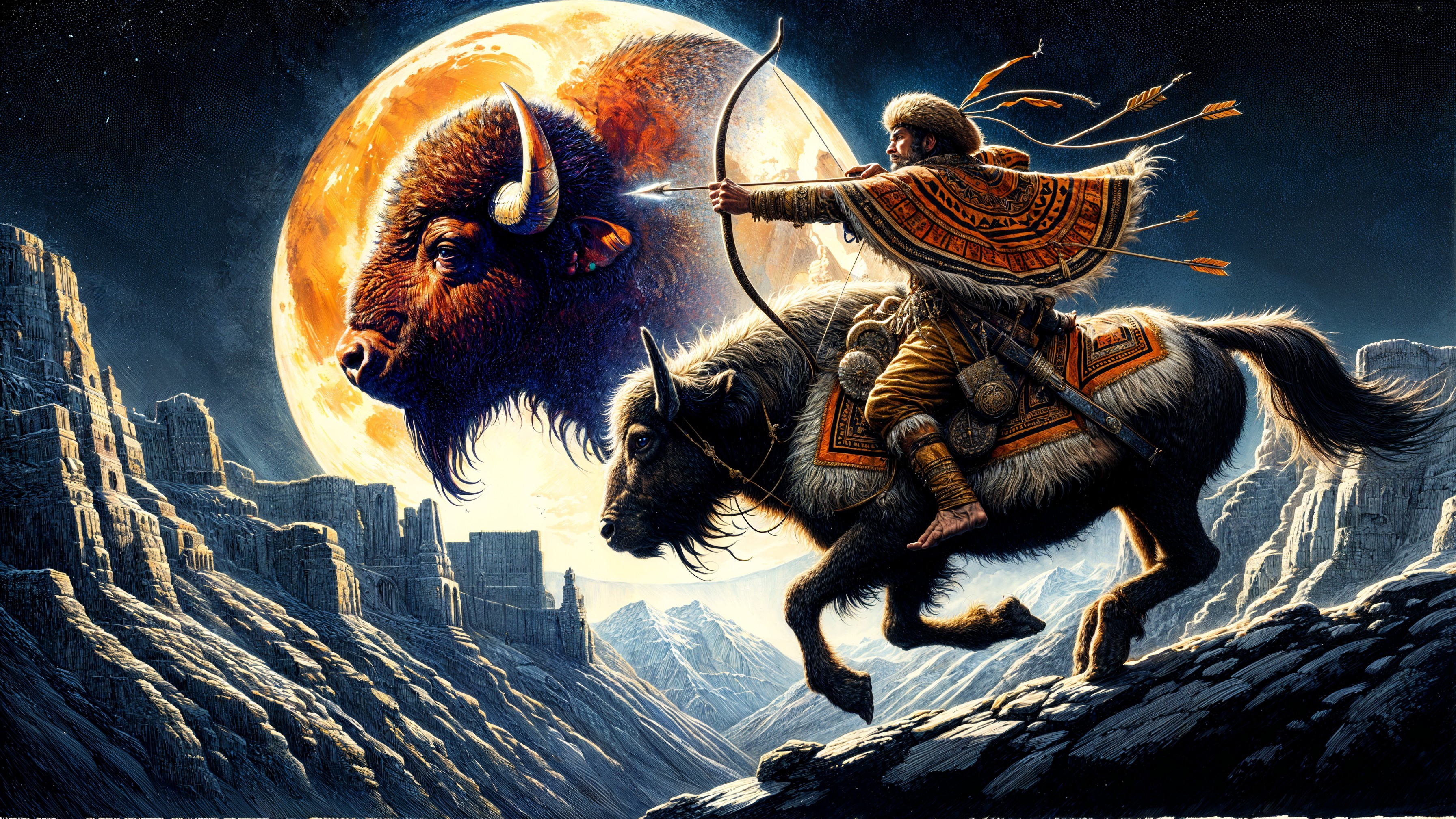 Moonlit Landscape with Rider and Mythical Bison