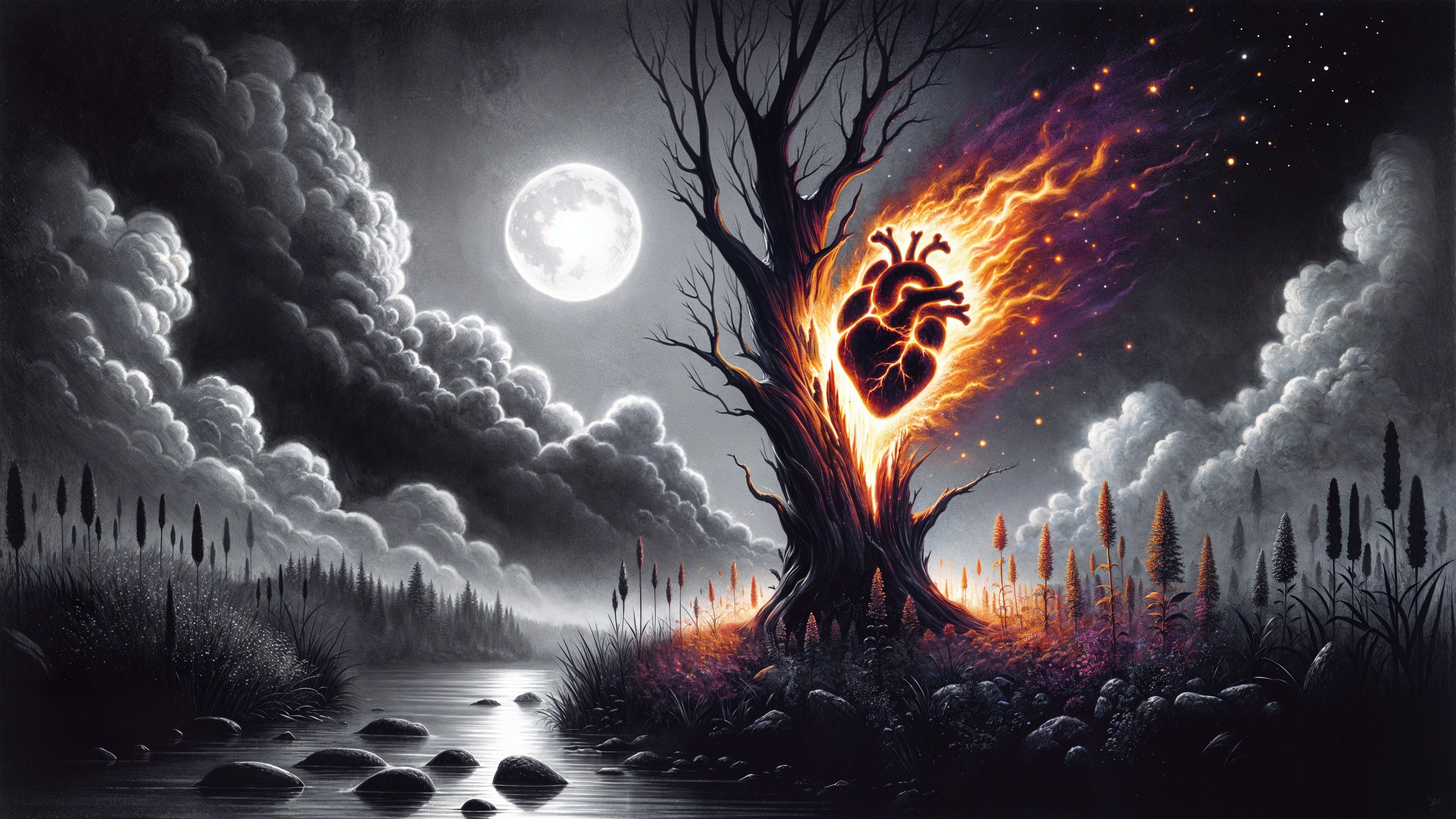 Twisted Tree Under Full Moon with Fiery Hues