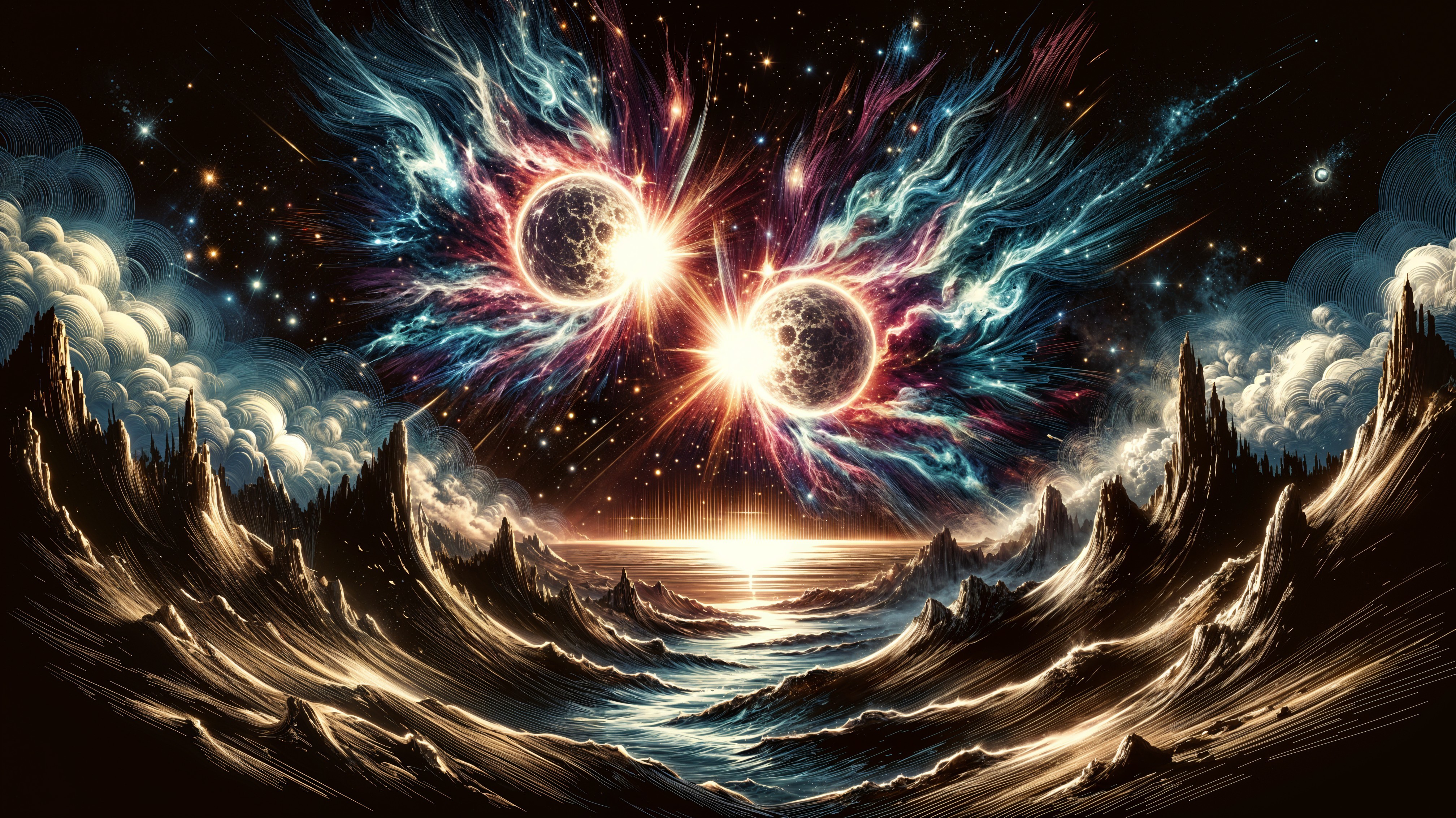 Cosmic Collision of Two Suns Over Tumultuous Sea