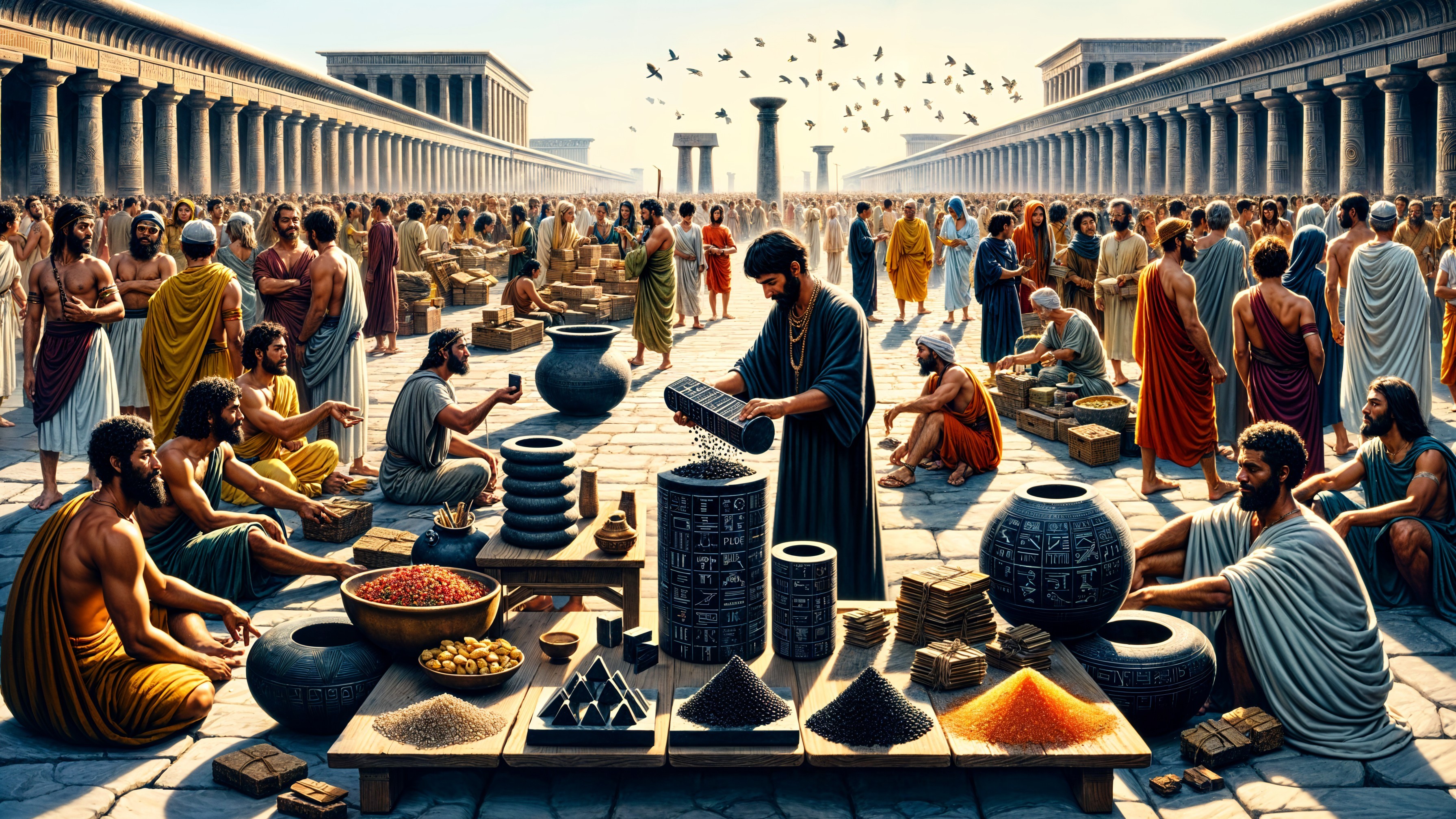 Ancient Marketplace with Merchants and Vibrant Activity