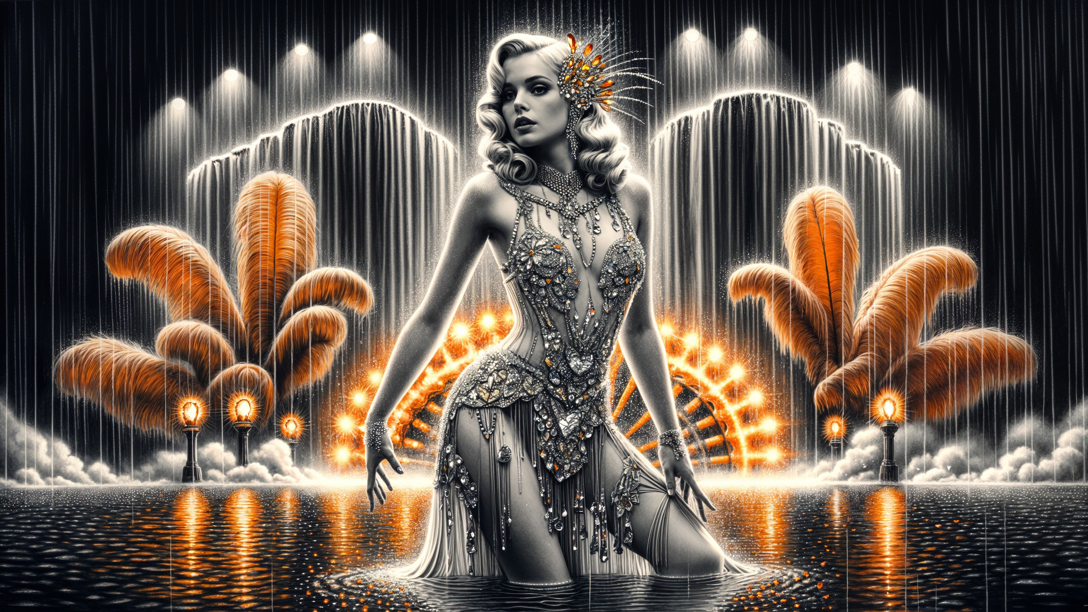Glamorous figure in shimmering gown by waterfalls