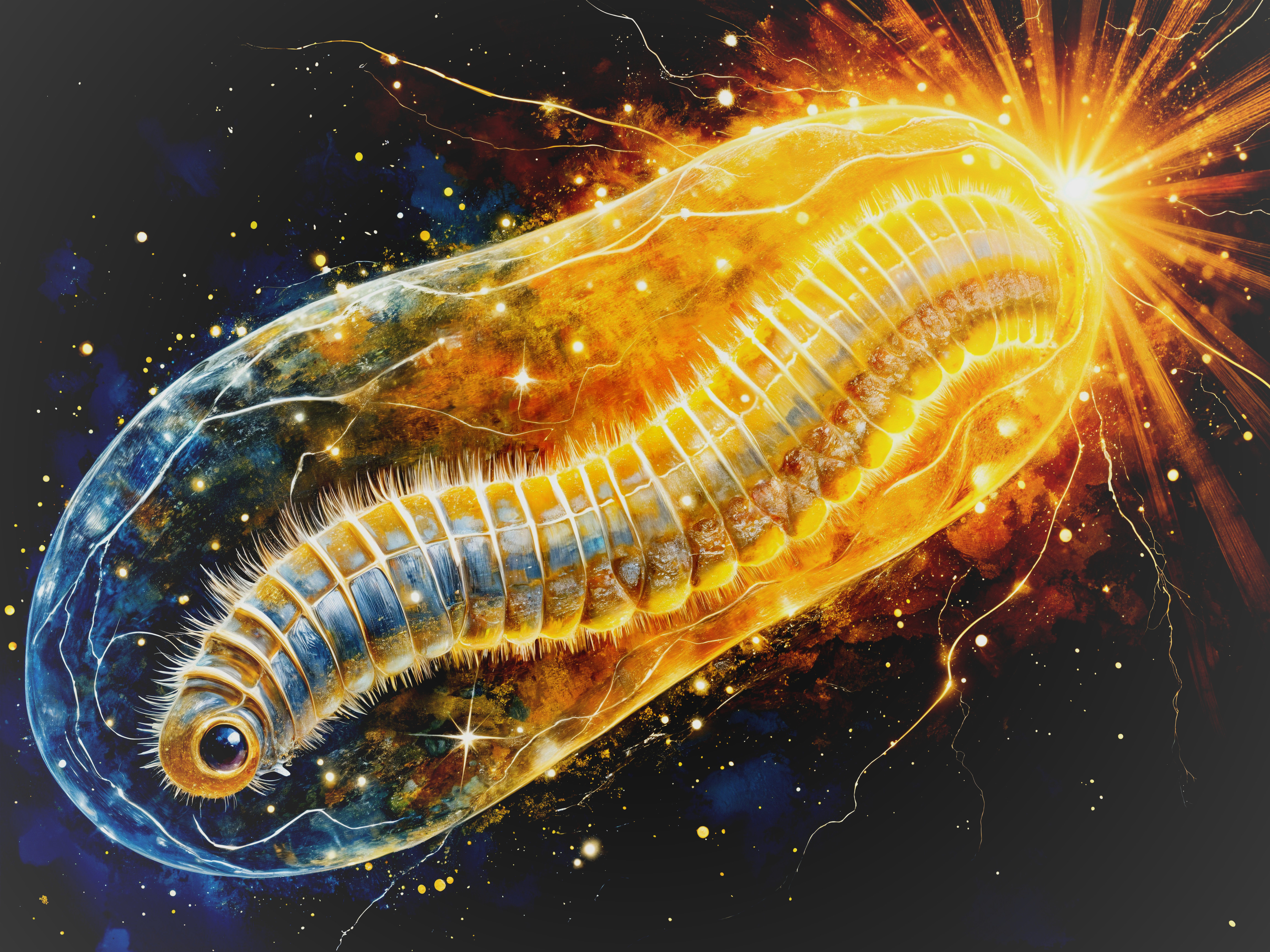 Stylized Larva in Glowing Translucent Shell with Stars