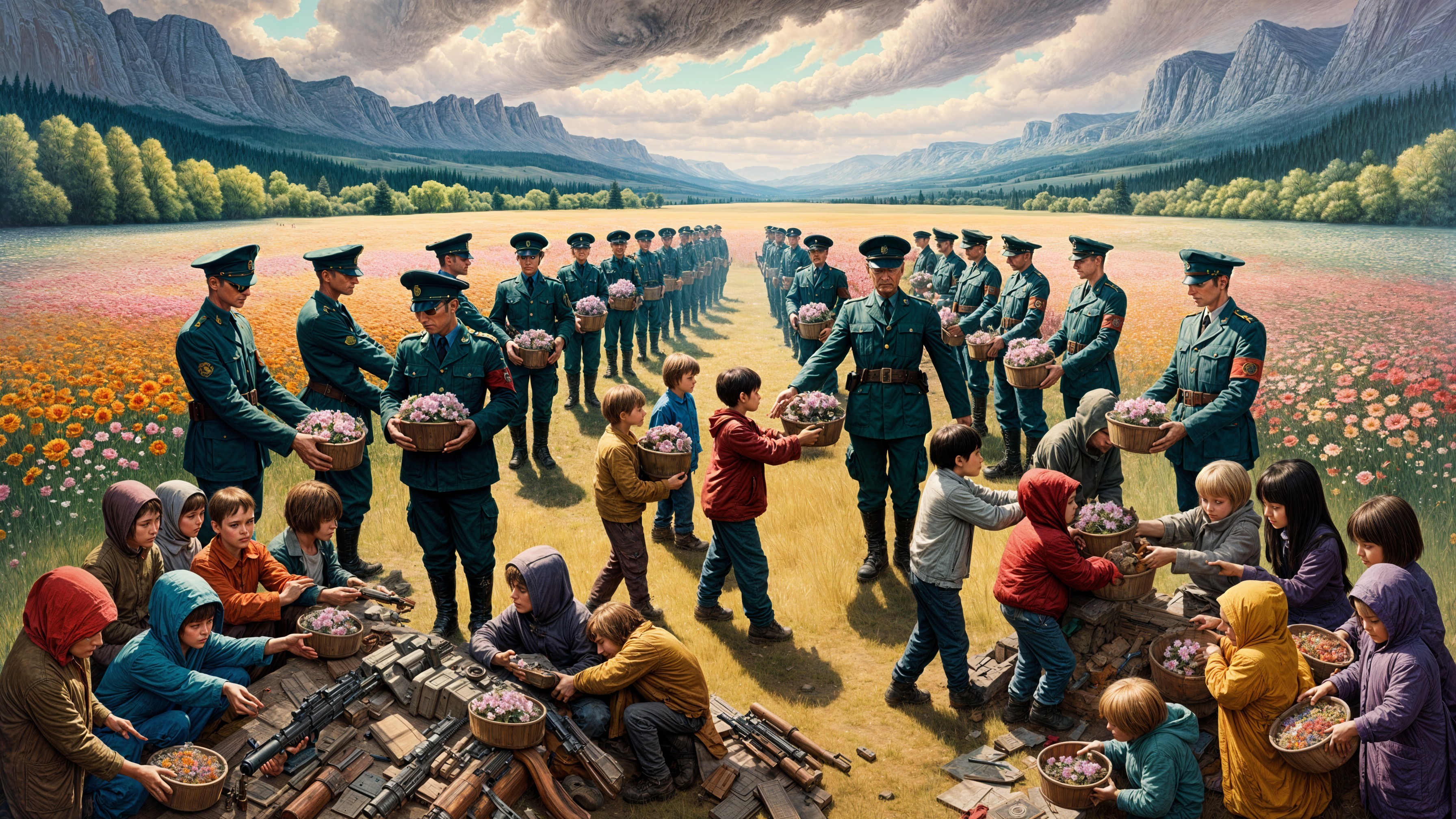 Soldiers and Children Exchange Flowers in a Field