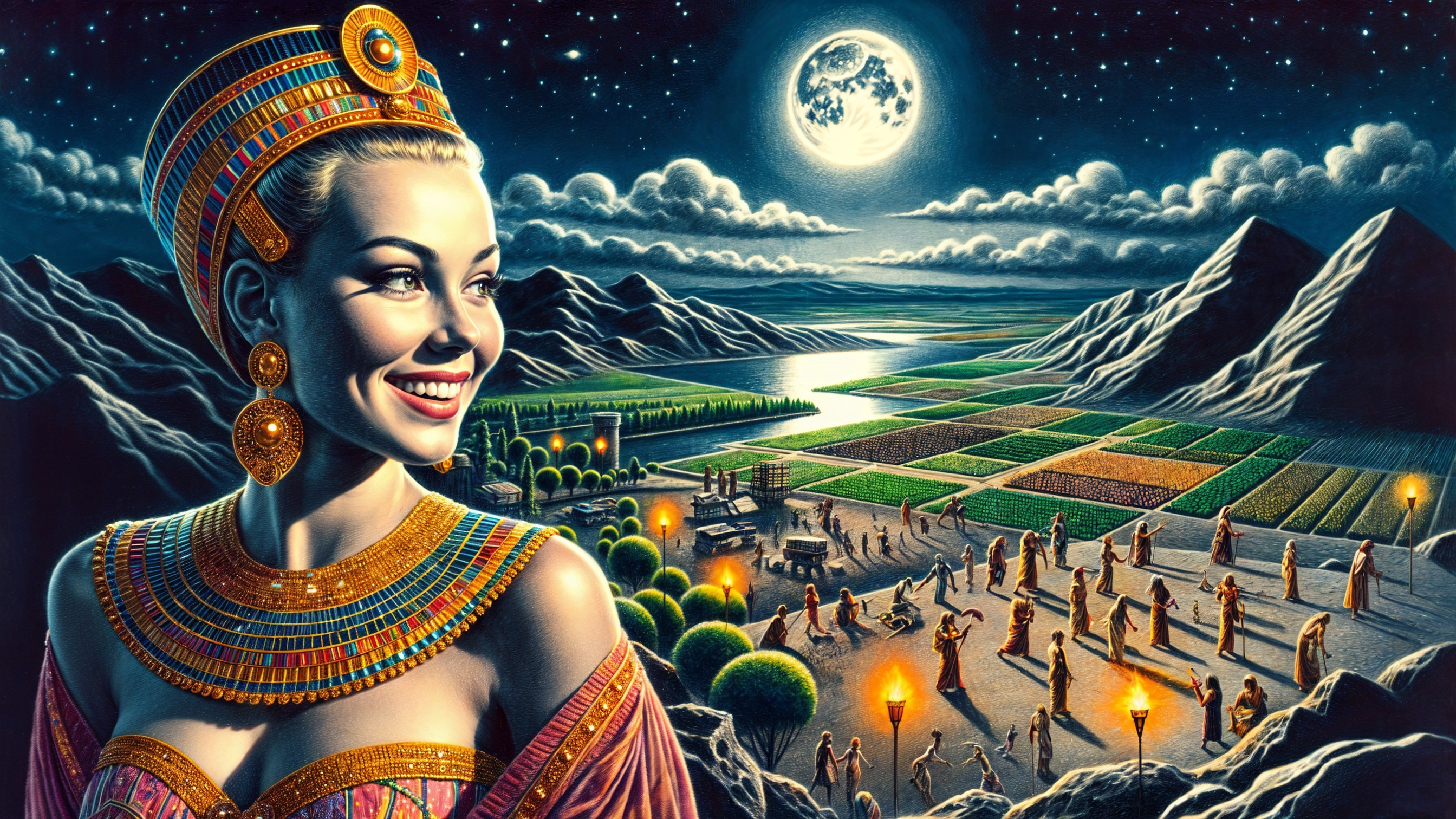 Regal Woman in Ancient Egyptian Attire Under Moonlight