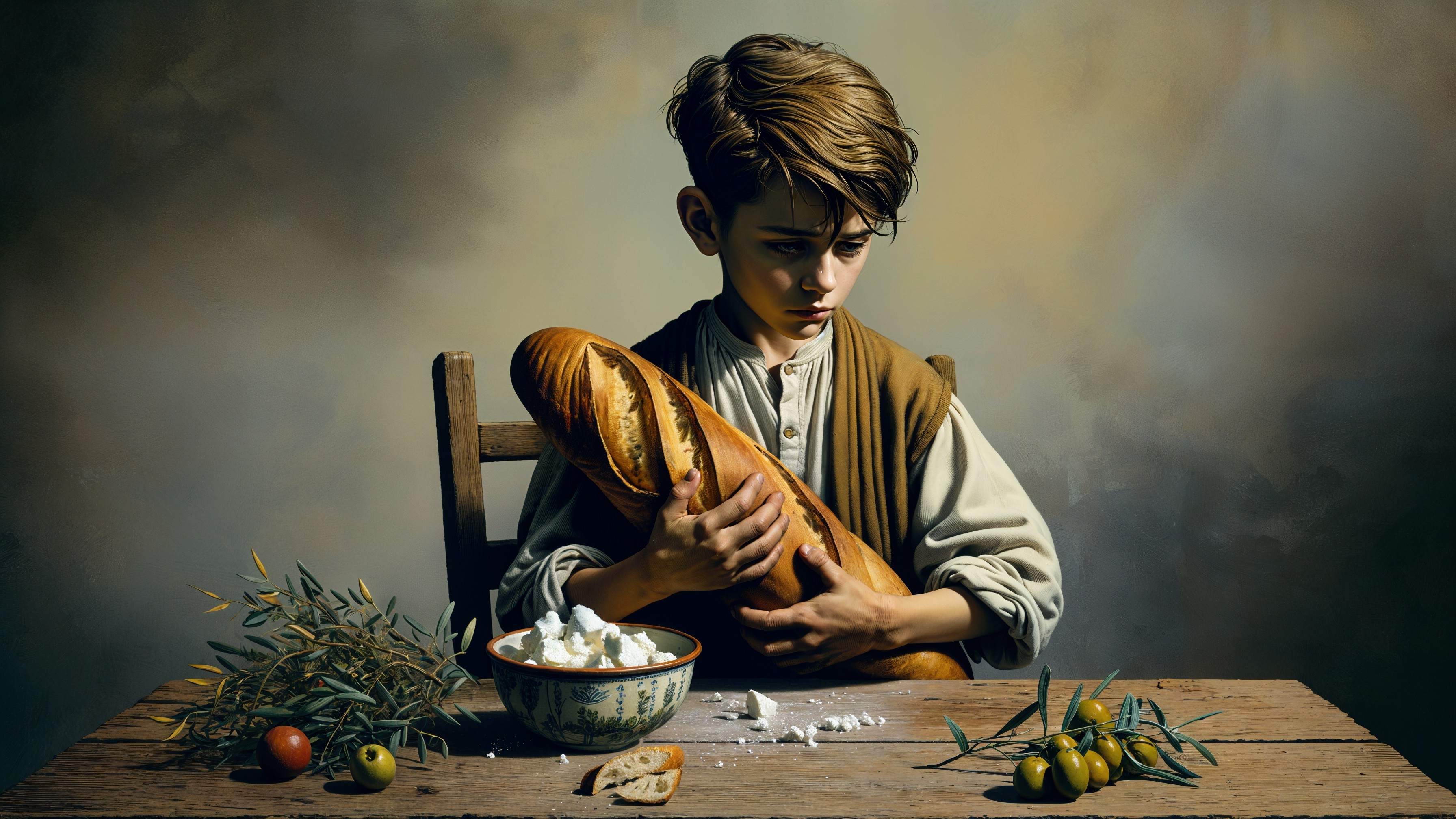 Young boy with bread at a wooden table, somber mood