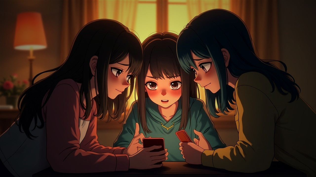 Young girls engaged with smartphones in cozy lighting