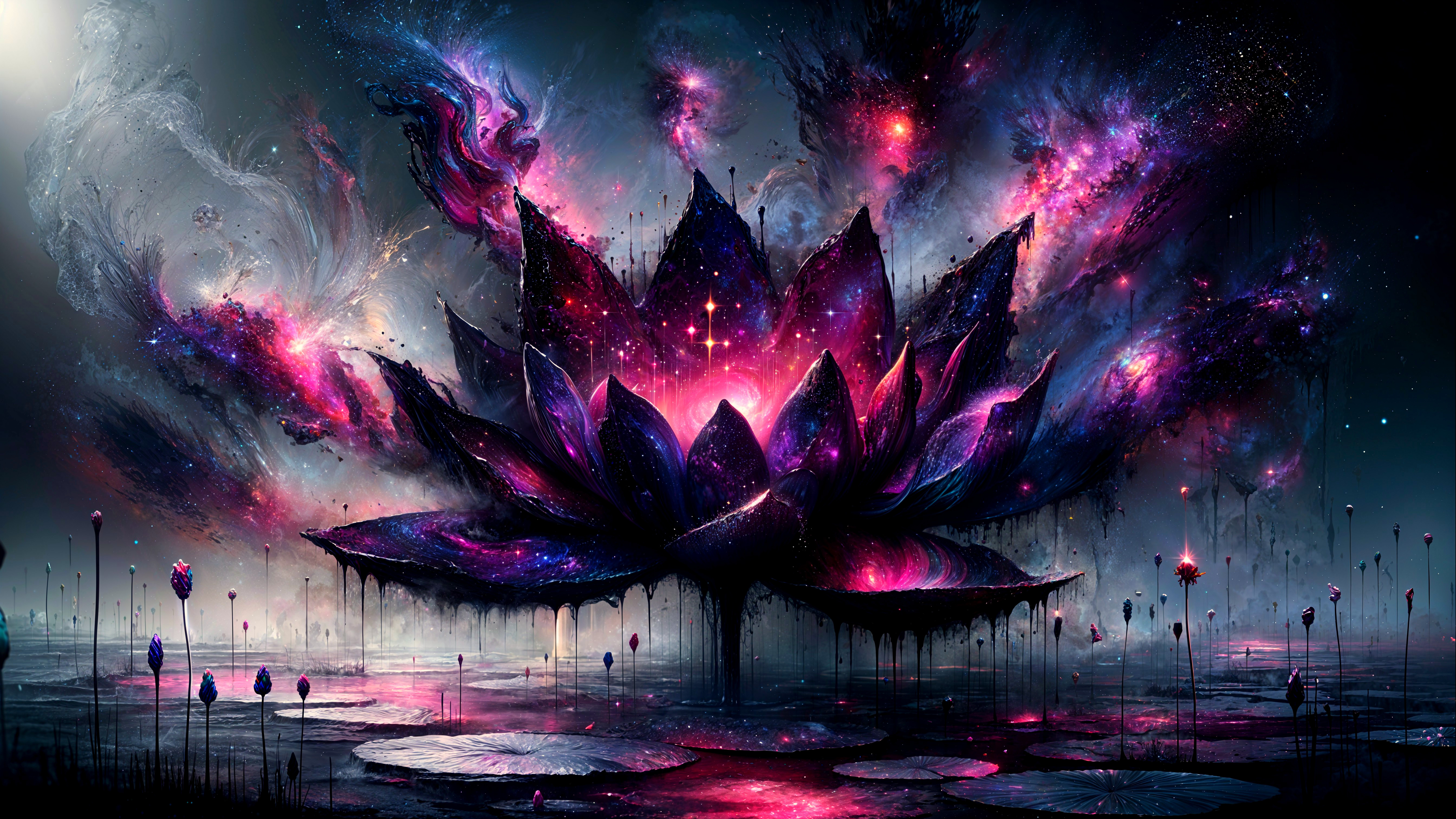 Cosmic Lotus Flower in Starry Surreal Landscape