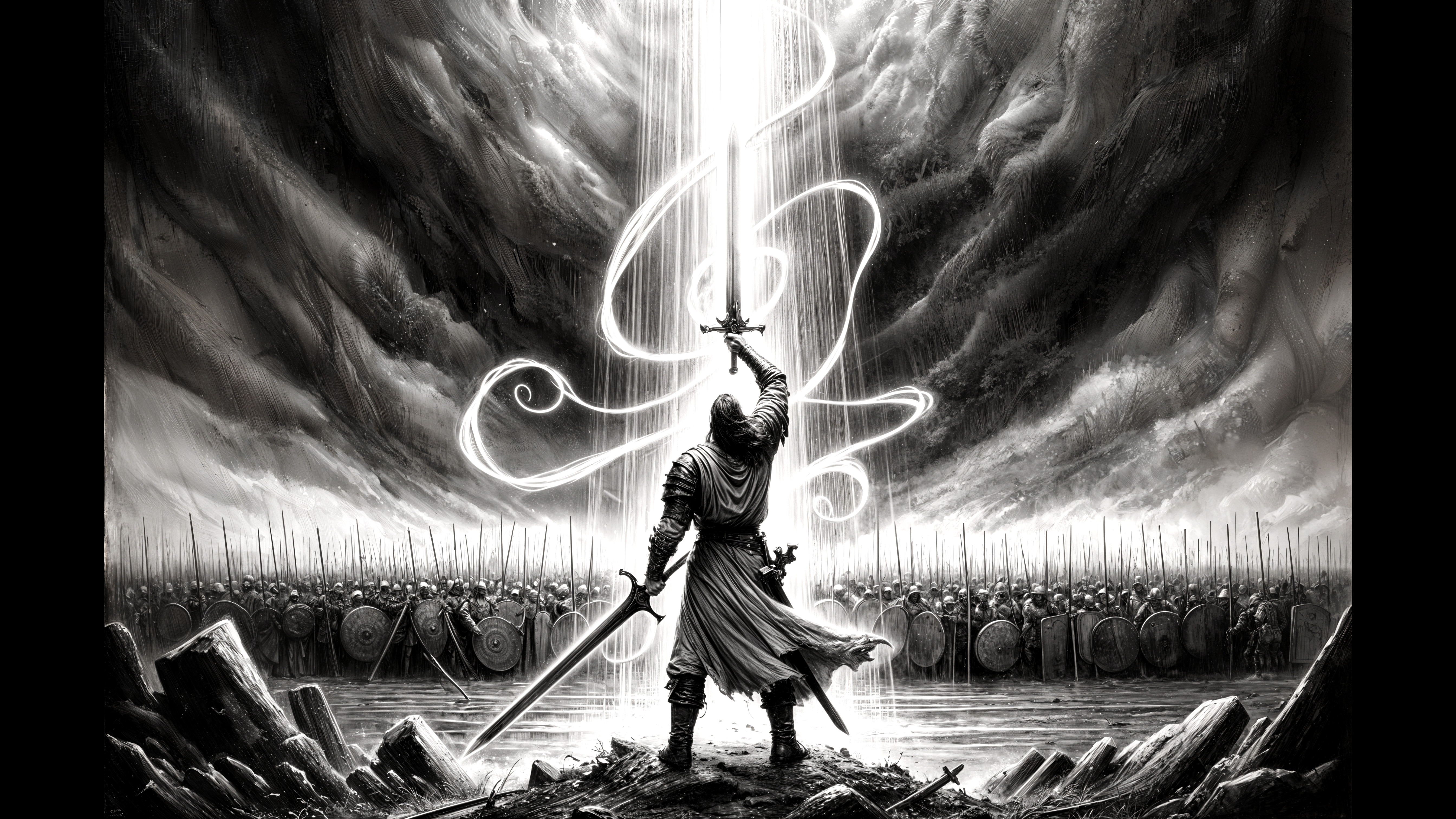 Knight with Sword Against Dark Stormy Sky and Army