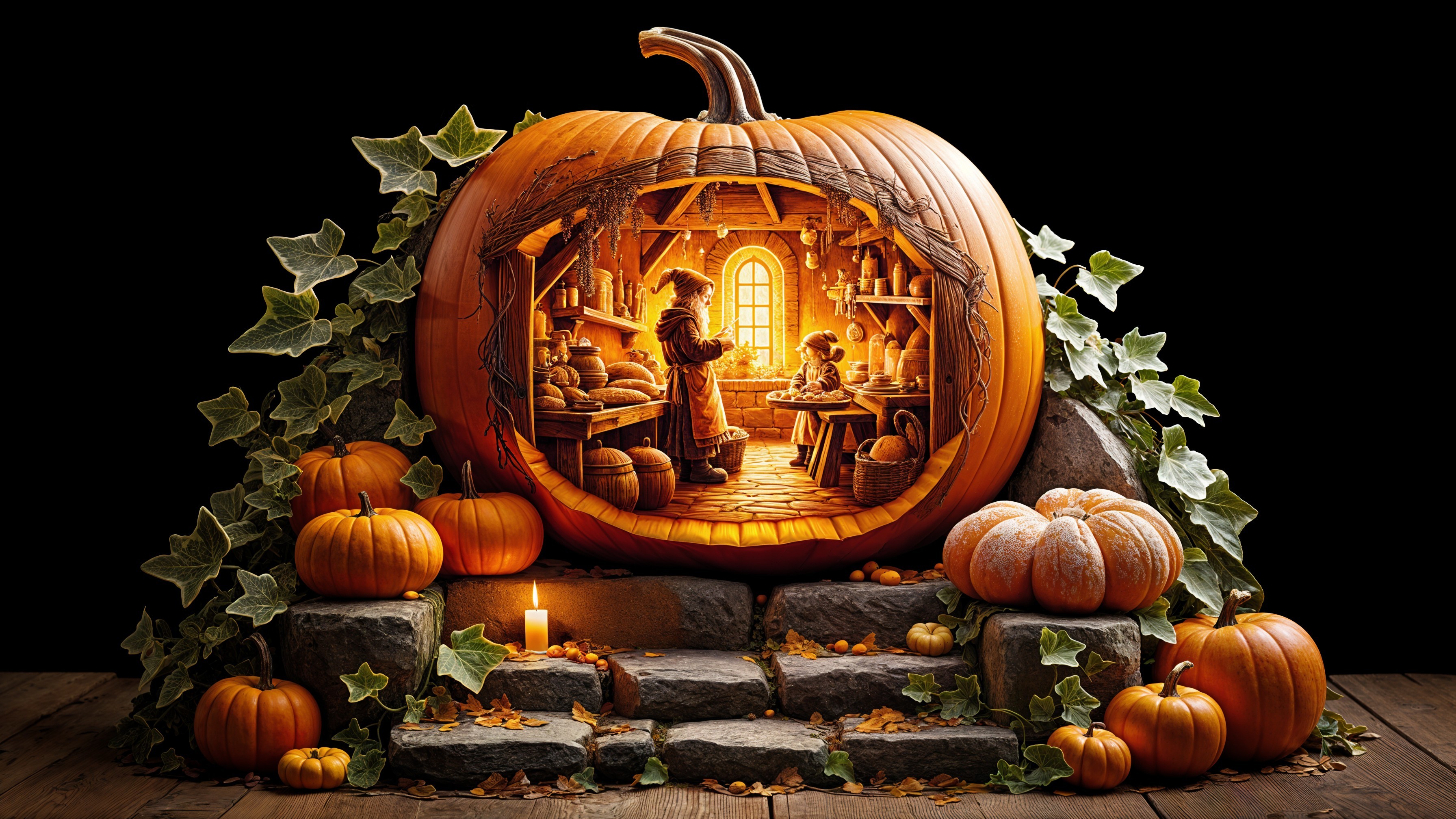 Intricate Pumpkin Carving of Bakery Scene in Autumn