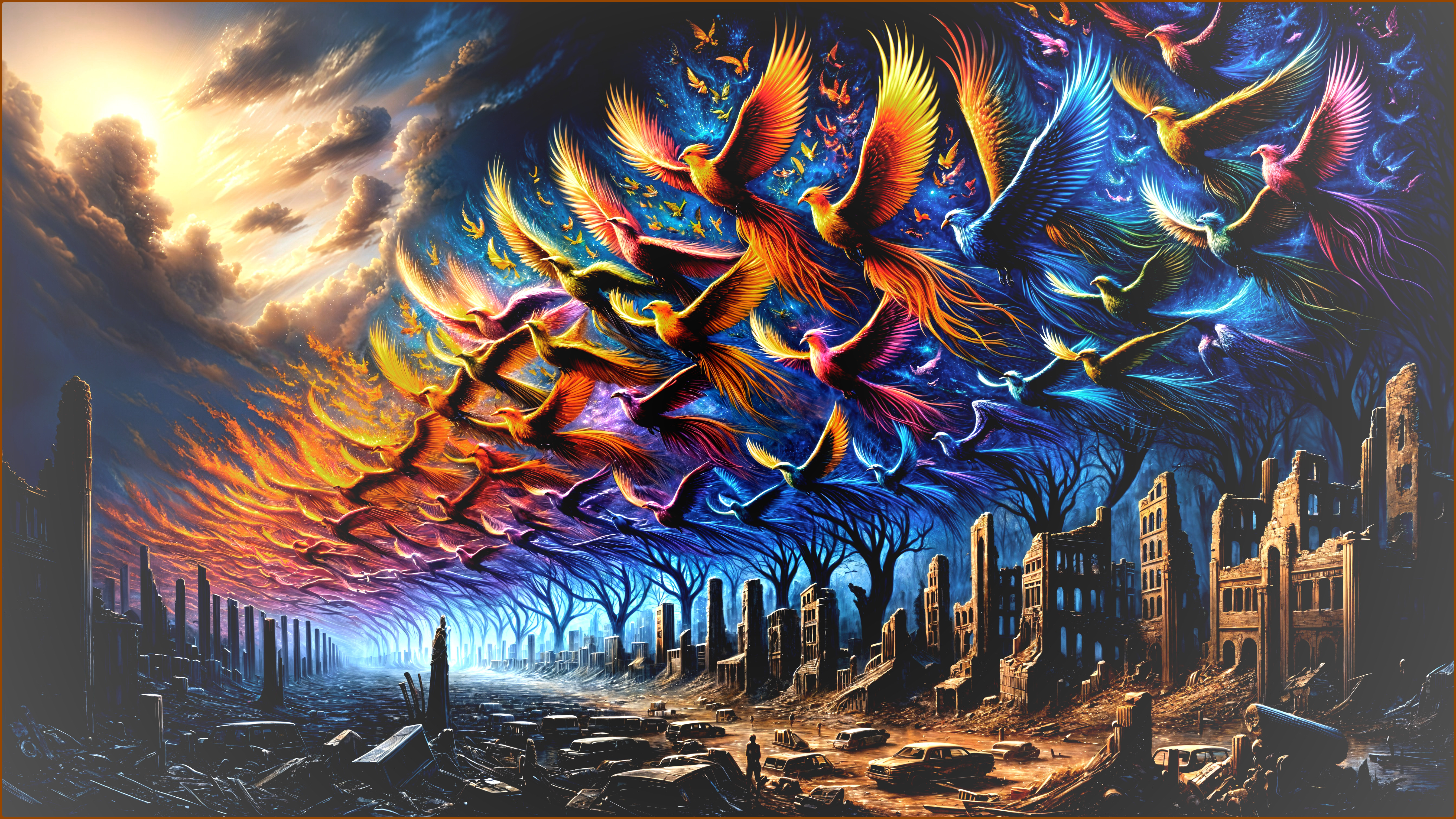 Colorful Phoenixes Soaring Over a Desolate Cityscape