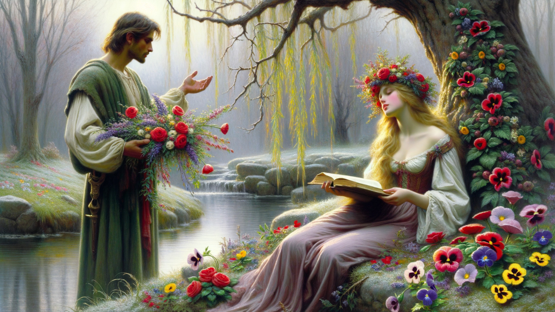 Serene River Scene with Flowers and Romantic Atmosphere