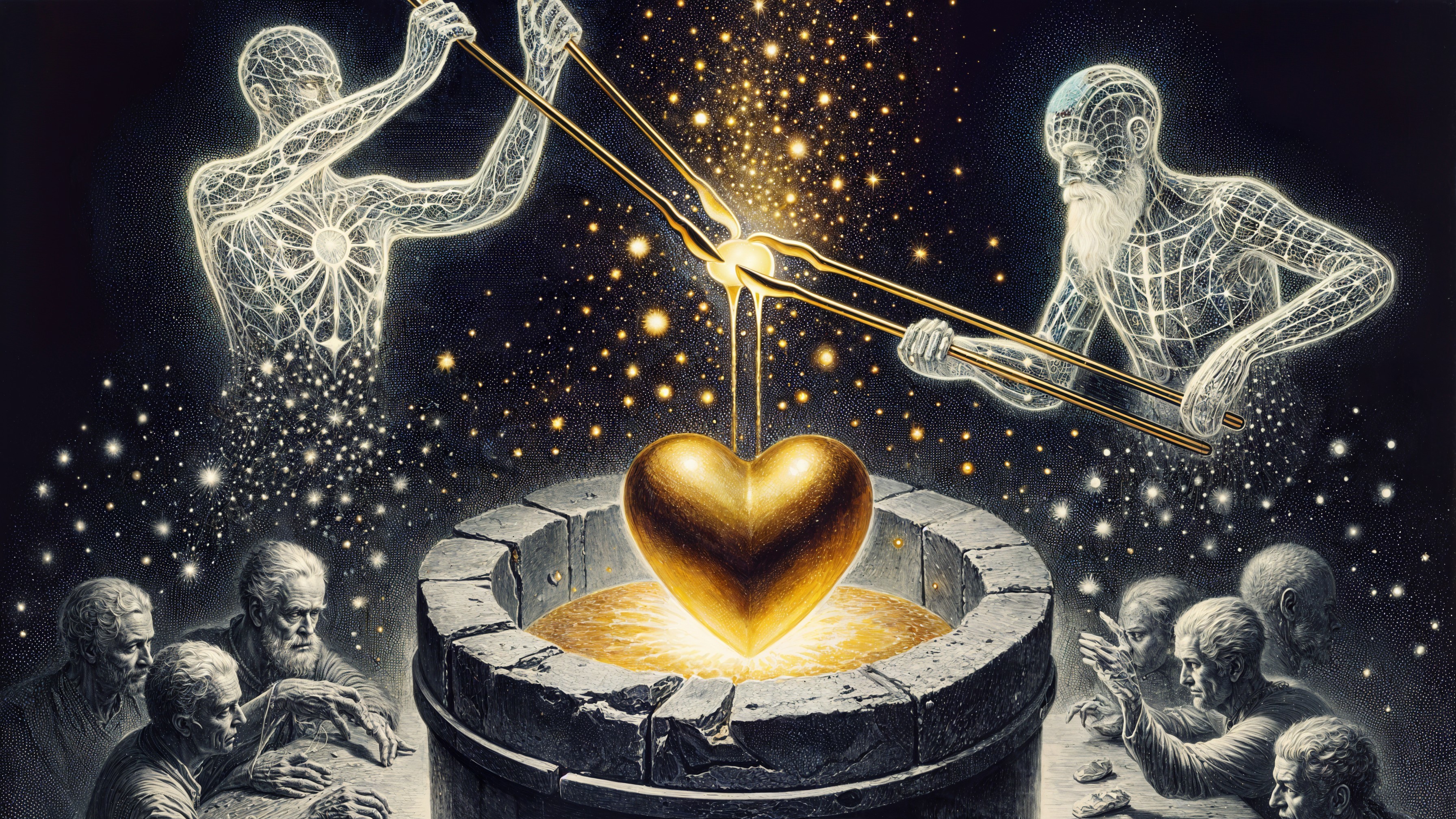 Ethereal Figures Manipulating a Golden Heart Above Well