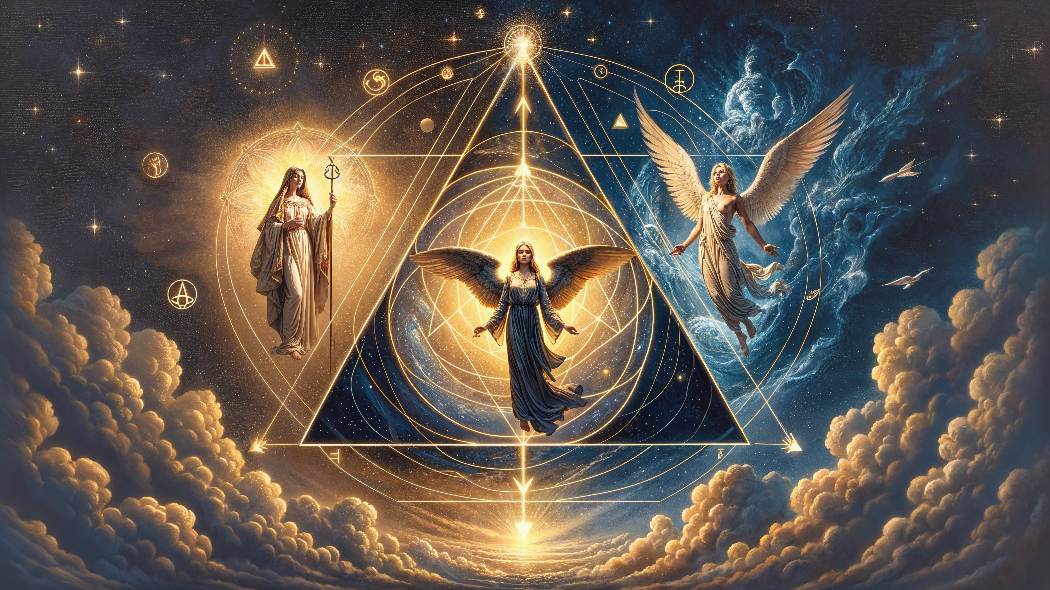 Celestial Scene with Ethereal Winged Figures and Stars