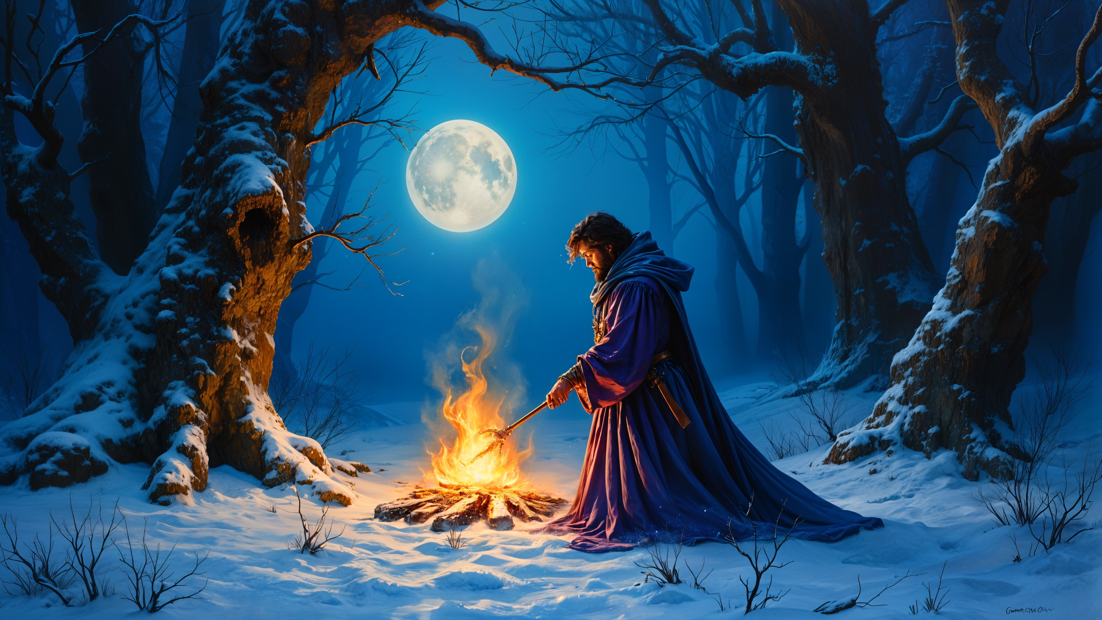 Cloaked Figure by Fire in Snowy Forest at Night
