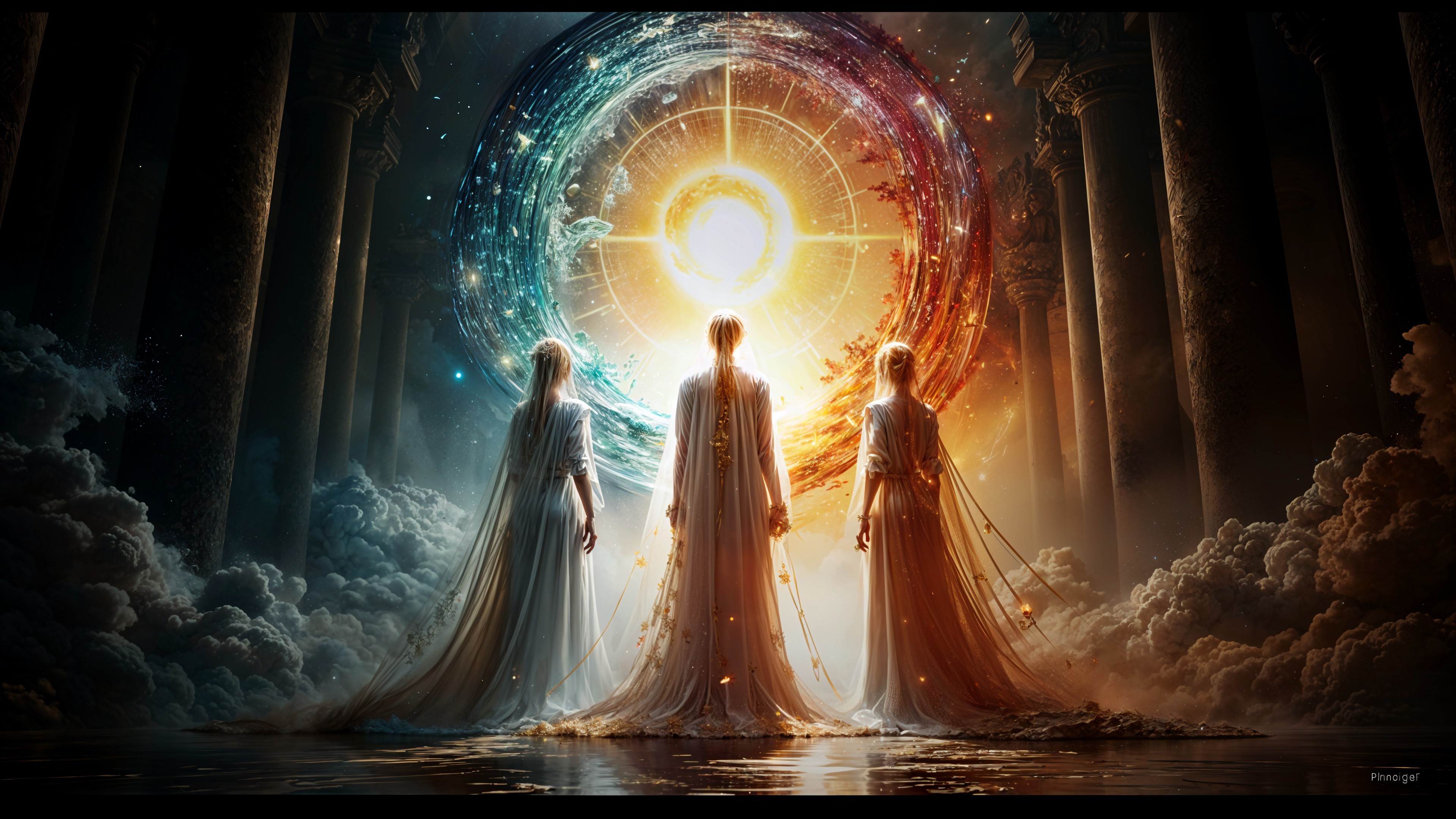 Ethereal Figures Before a Radiant Portal of Light