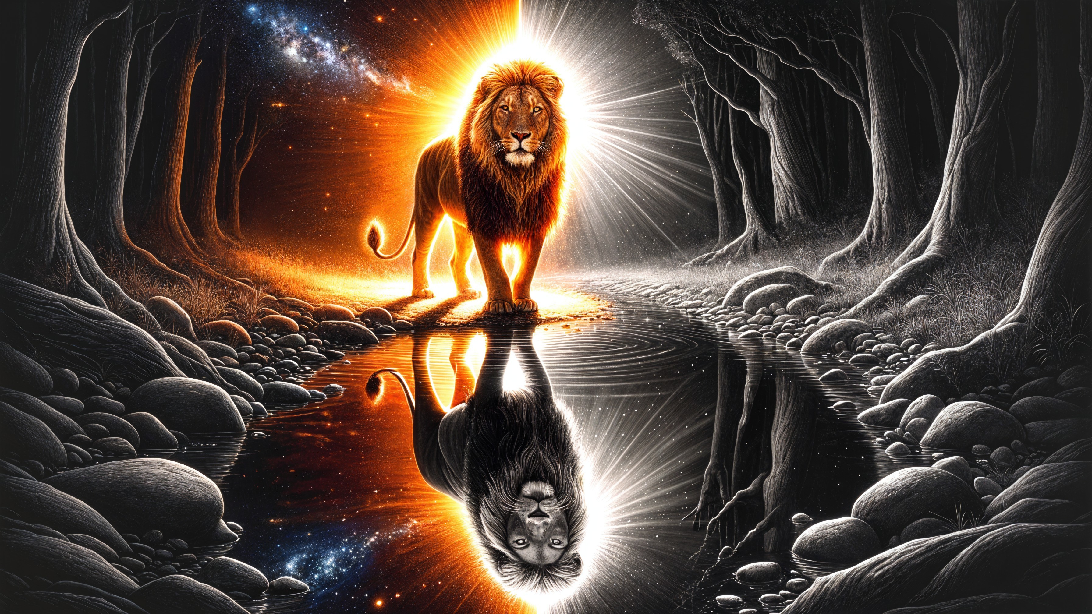 Majestic lion by serene river with cosmic backdrop