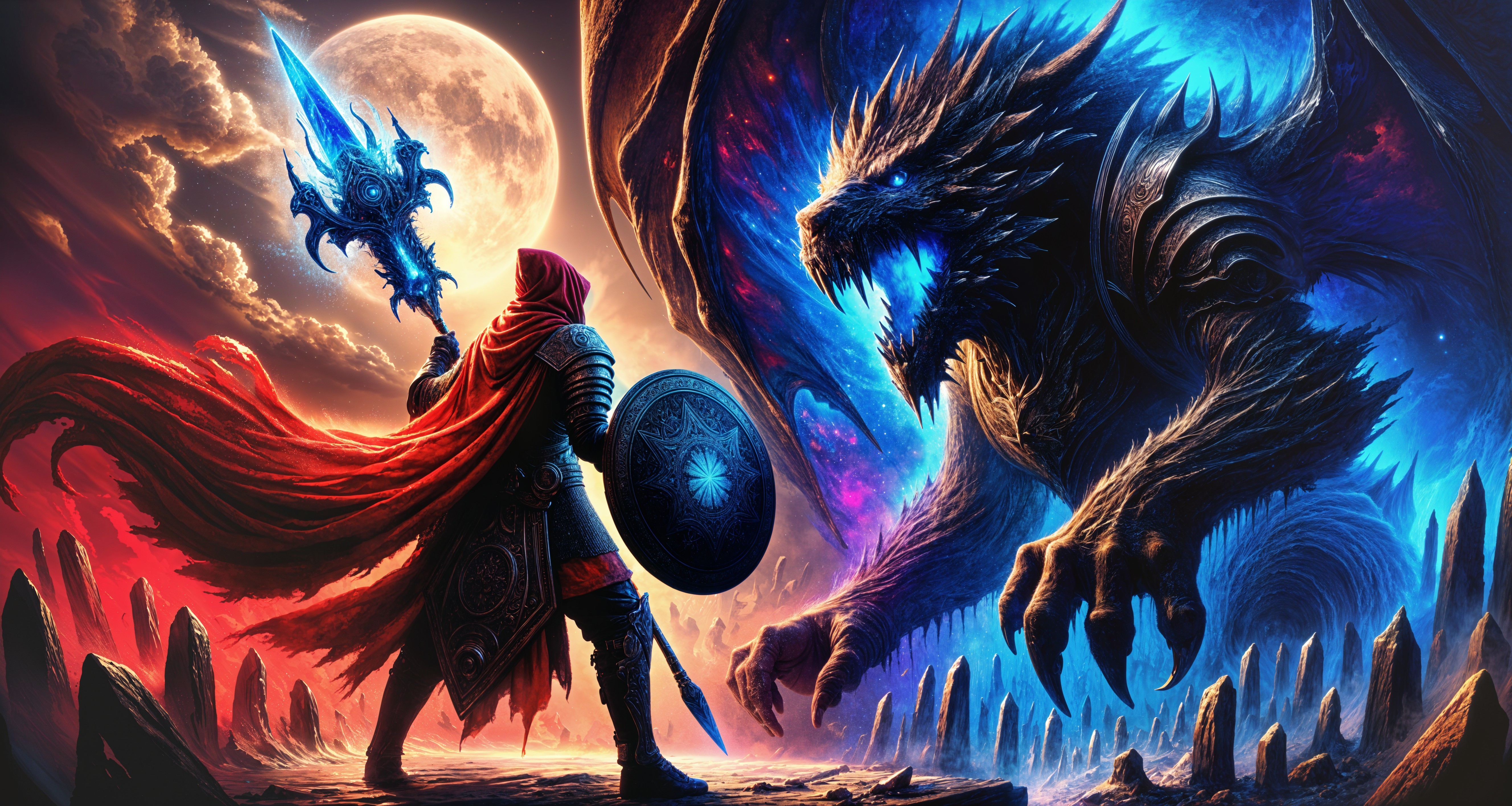 Fantasy Battle Scene with Glowing Beast and Heroes