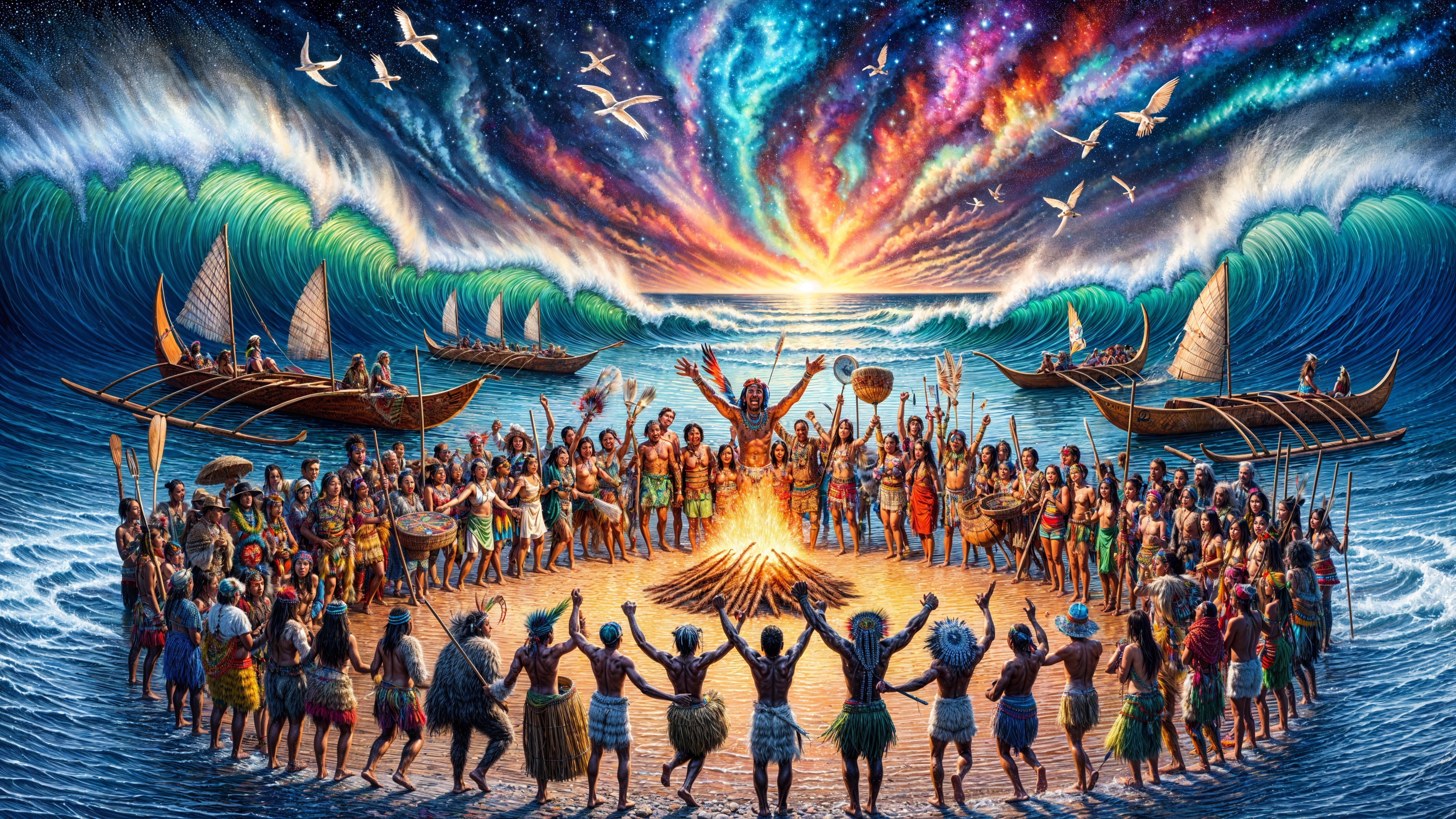 Beach Bonfire Gathering Under Colorful Cosmic Sky