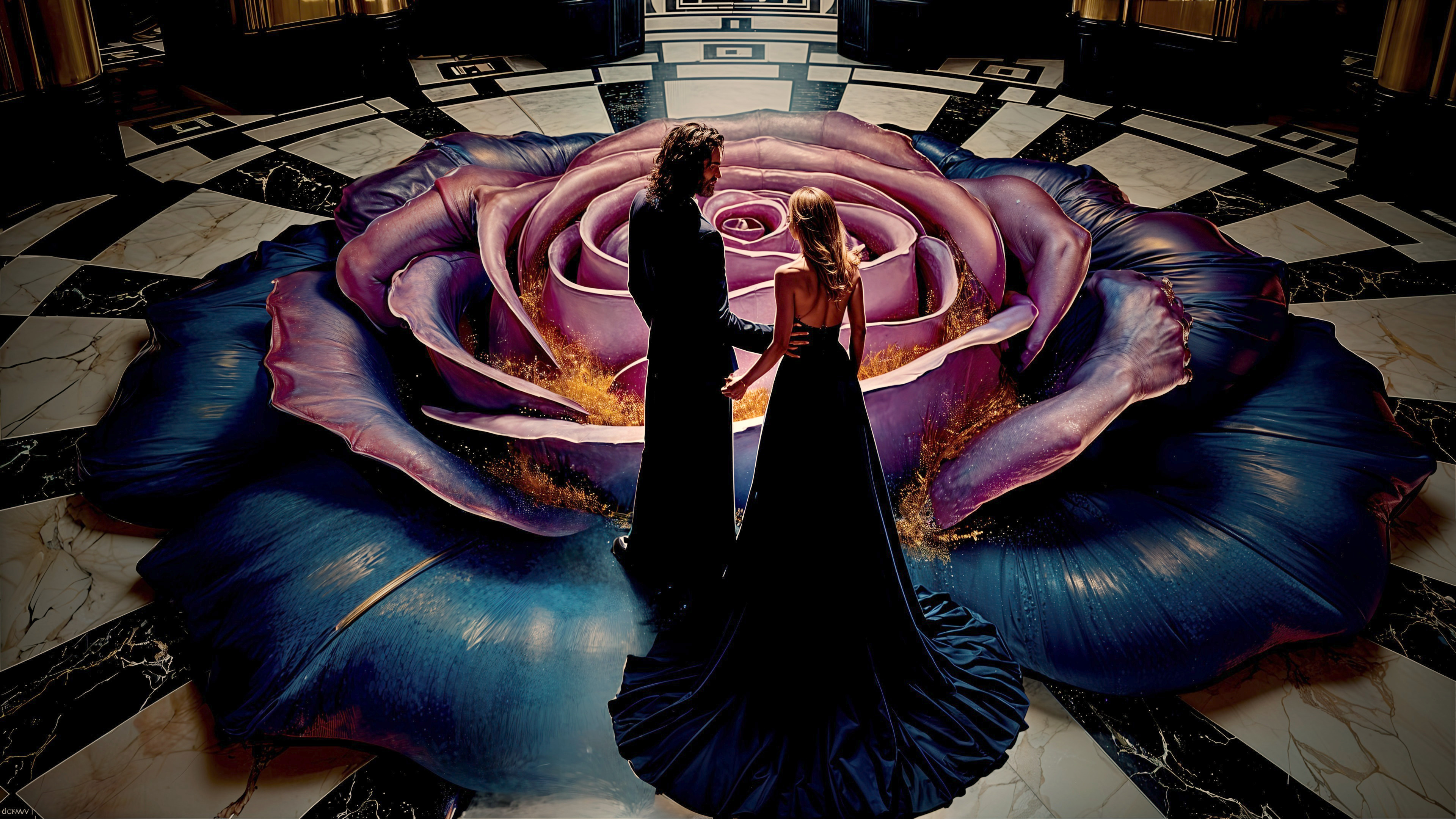 Couple on Grand Rose in Opulent Romantic Setting