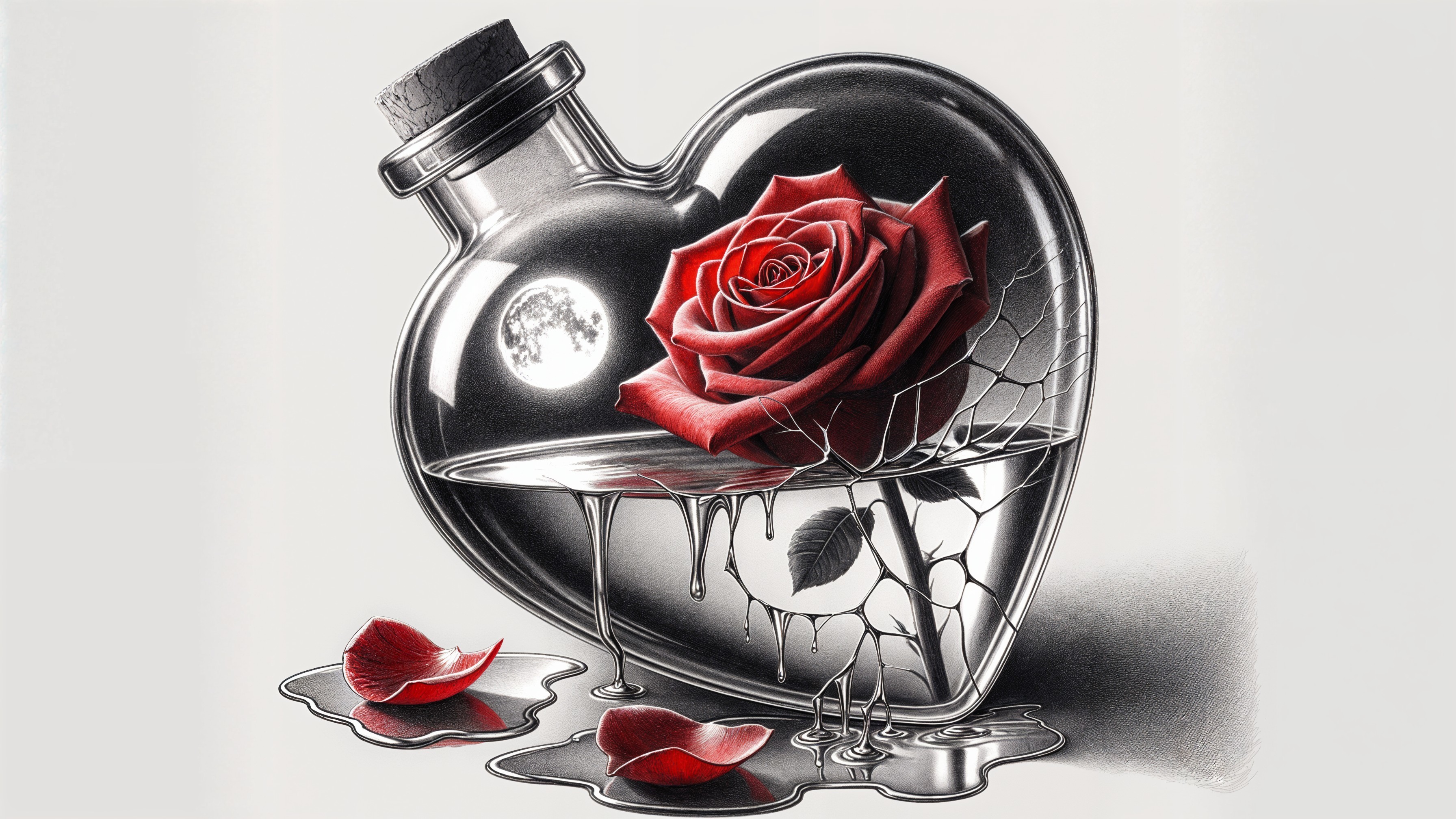 Heart-Shaped Glass Vial with Rose and Dark Liquid