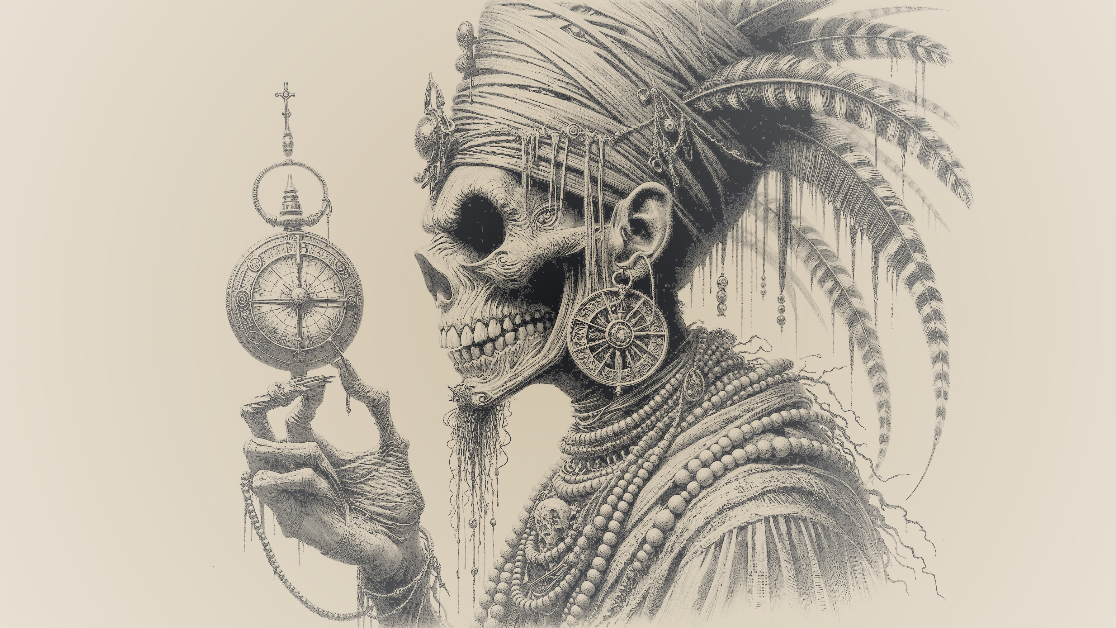 Skeletal Figure with Jewelry and Compass in Gothic Style