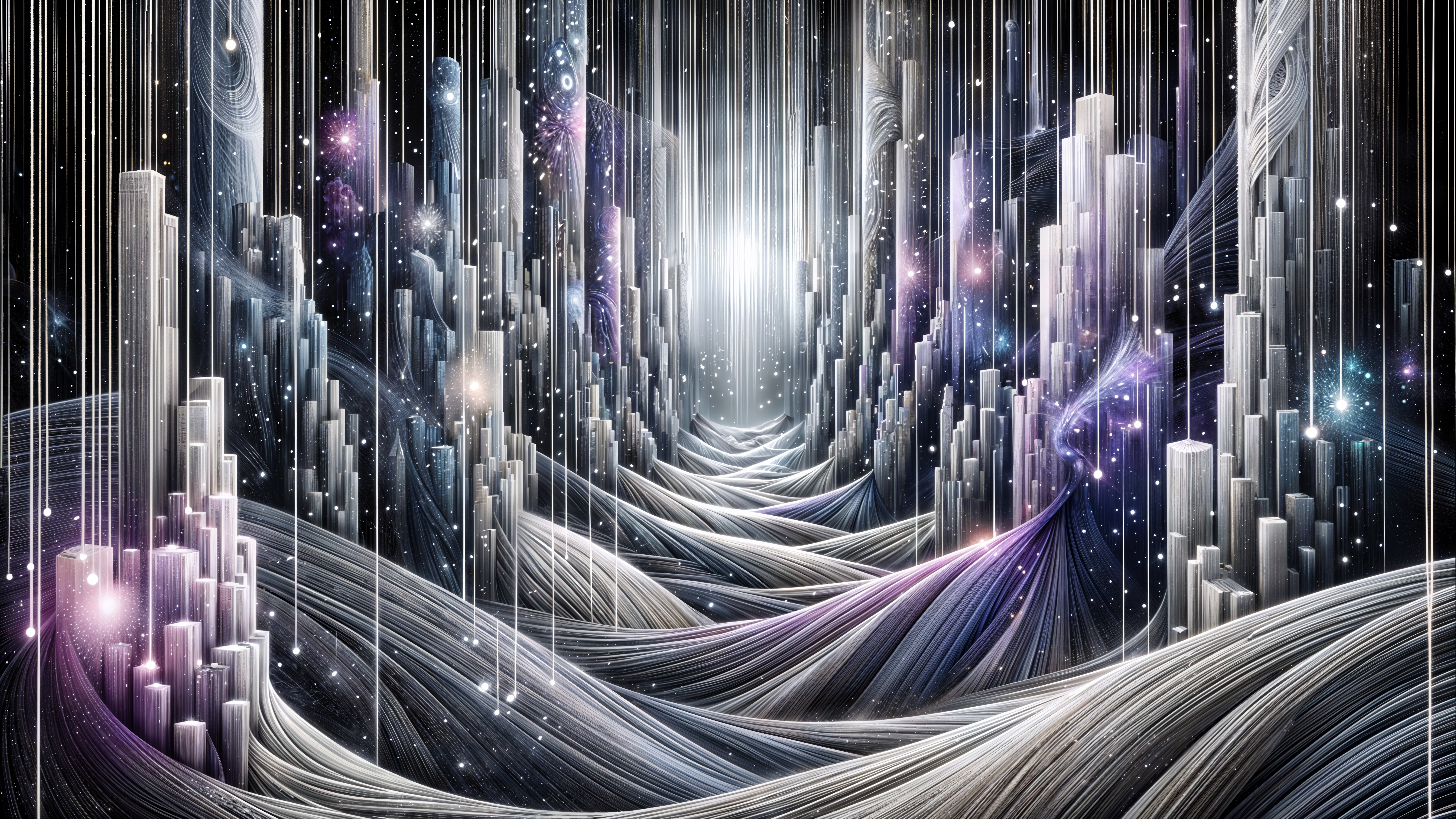 Surreal Landscape with Light Waves and Crystal Structures
