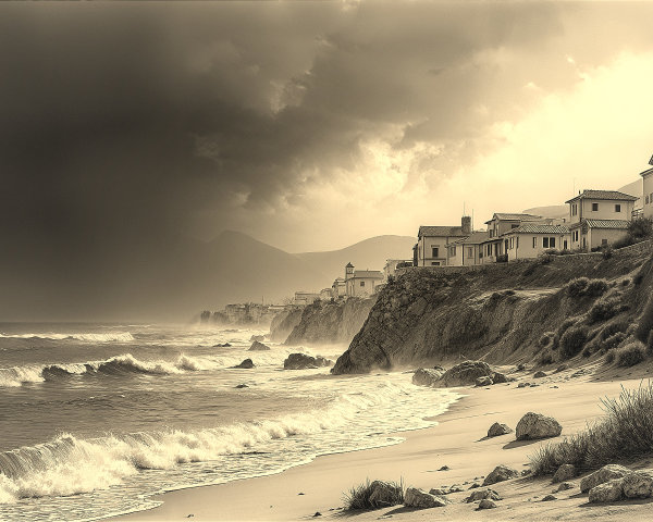 Tranquil Coastal Scene with Sandy Beach and Houses