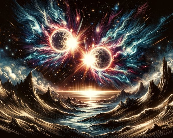 Cosmic Collision of Two Suns Over Tumultuous Sea