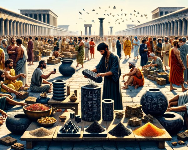 Ancient Marketplace with Merchants and Vibrant Activity