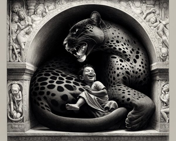 Child and Leopard Under Intricate Stone Archway