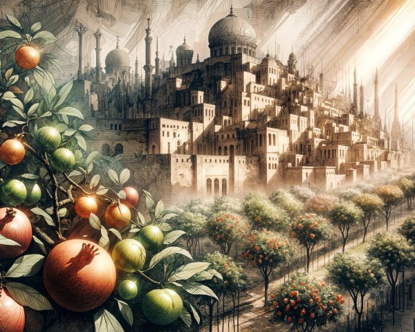 Lush Orchards and Ancient City in Warm Sunlight