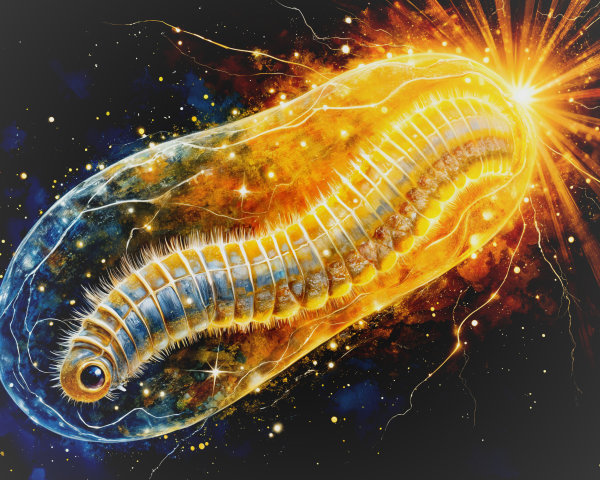 Stylized Larva in Glowing Translucent Shell with Stars
