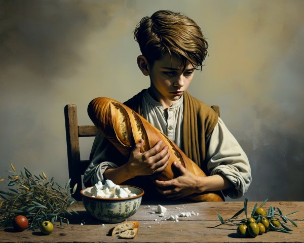 Young boy with bread at a wooden table, somber mood