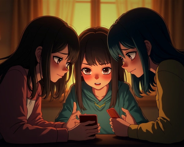 Young girls engaged with smartphones in cozy lighting