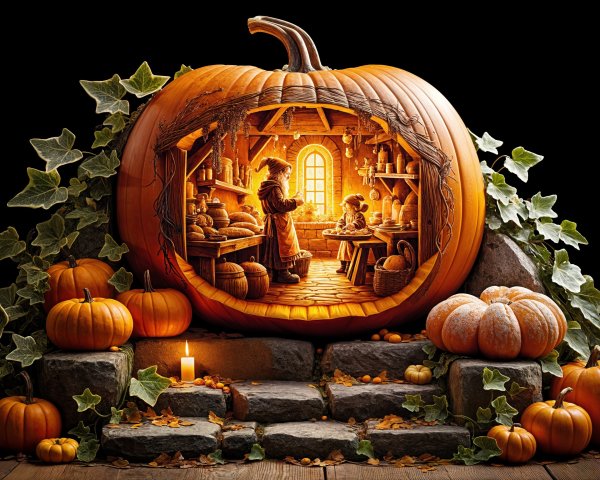 Intricate Pumpkin Carving of Bakery Scene in Autumn