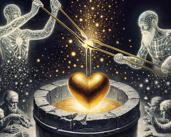 Ethereal Figures Manipulating a Golden Heart Above Well